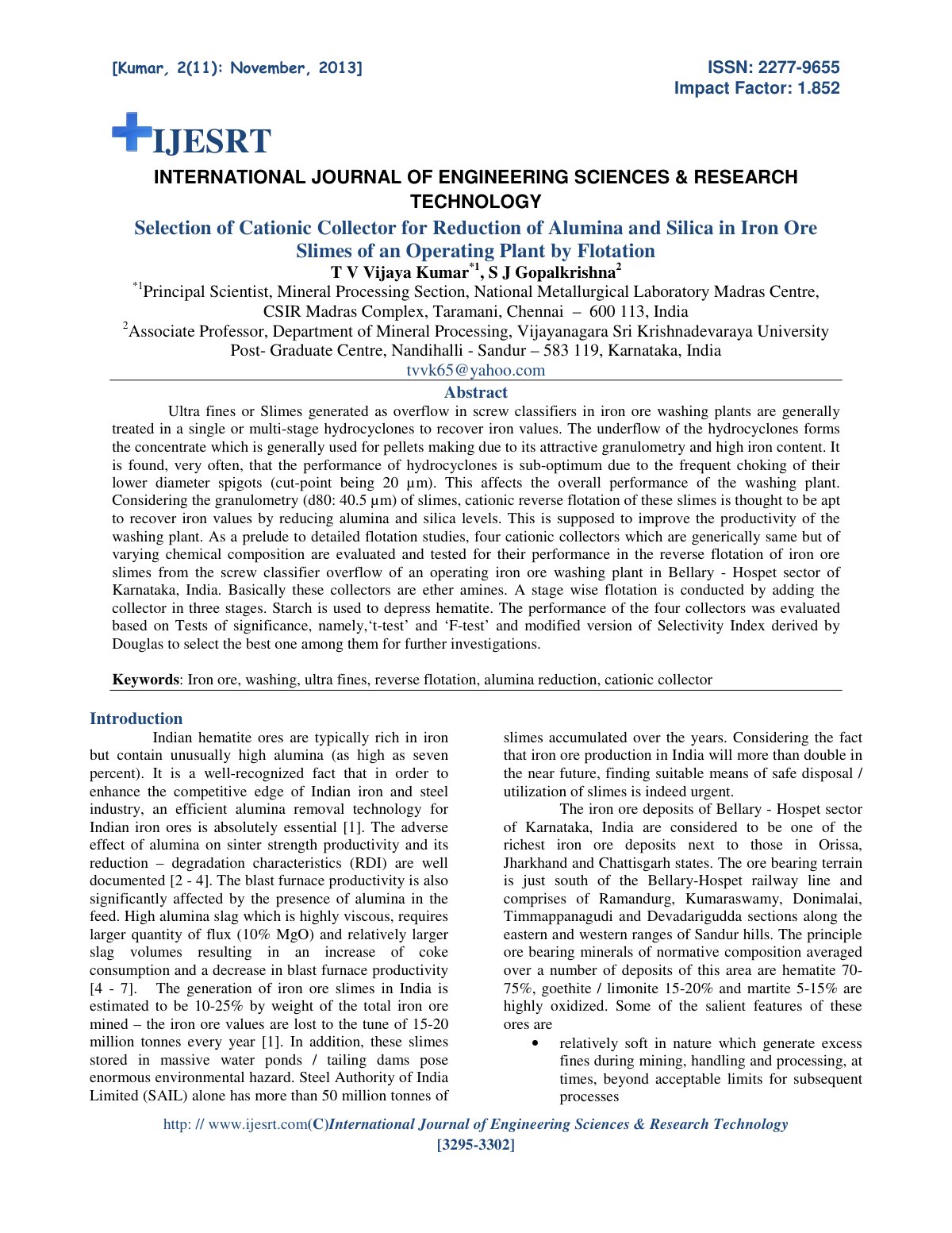 First page of Selection of Cationic Collector for Redu