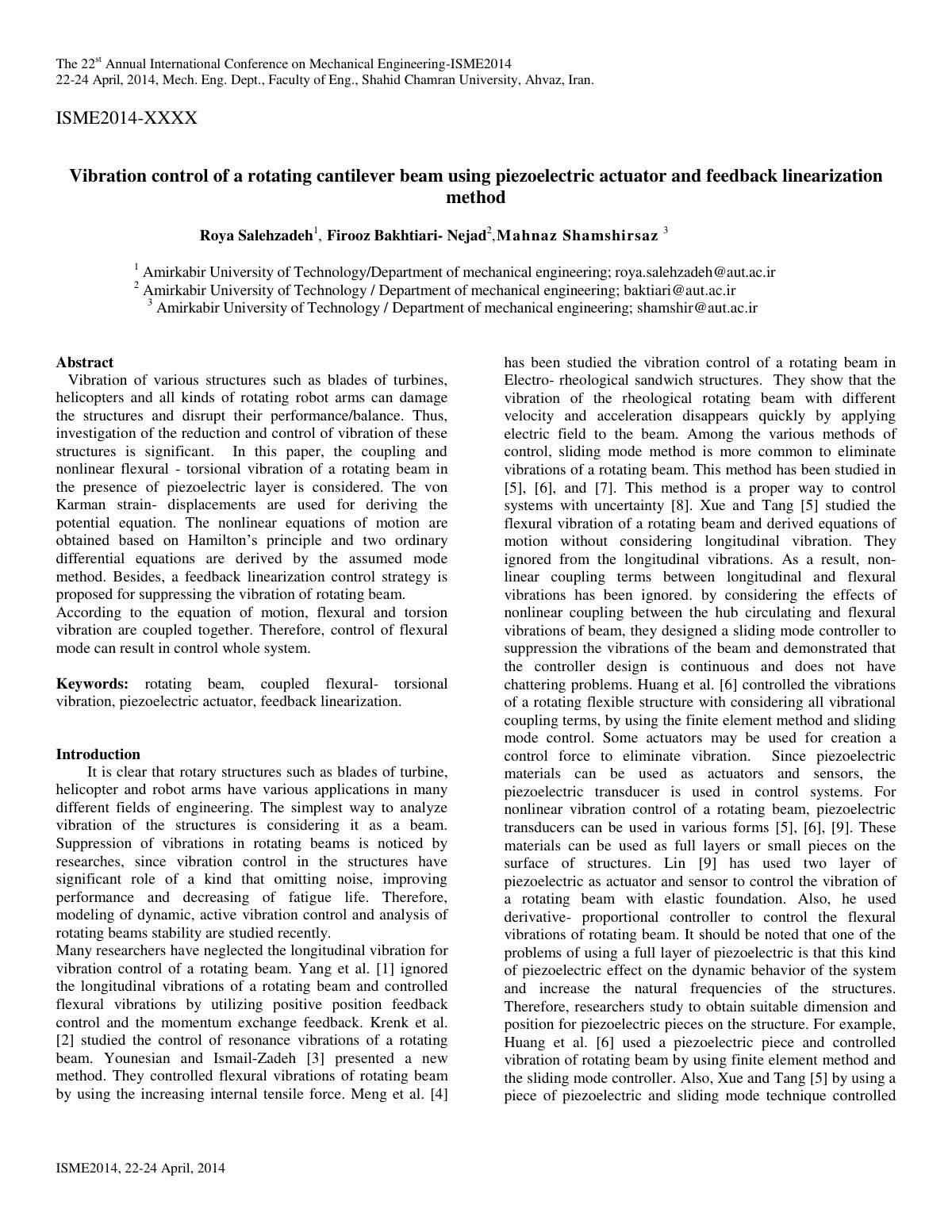 First page of The 22st Annual International Conference on Mechanical Engineering-ISME2014