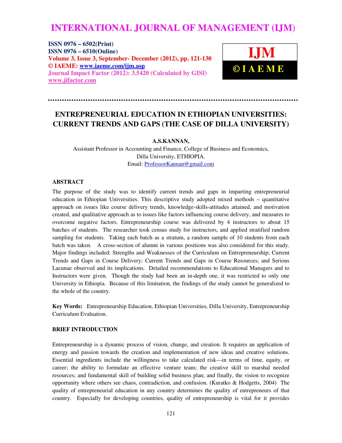 First page of ENTREPRENEURIAL EDUCATION IN ETHIOPIAN U
