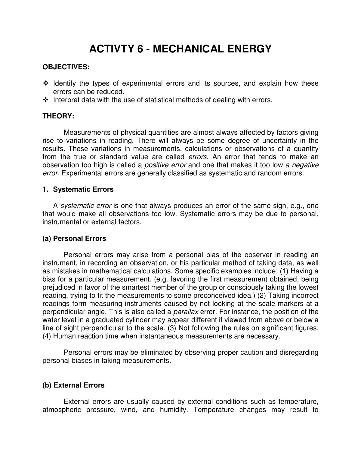 First page of ACTIVTY 6 - MECHANICAL ENERGY