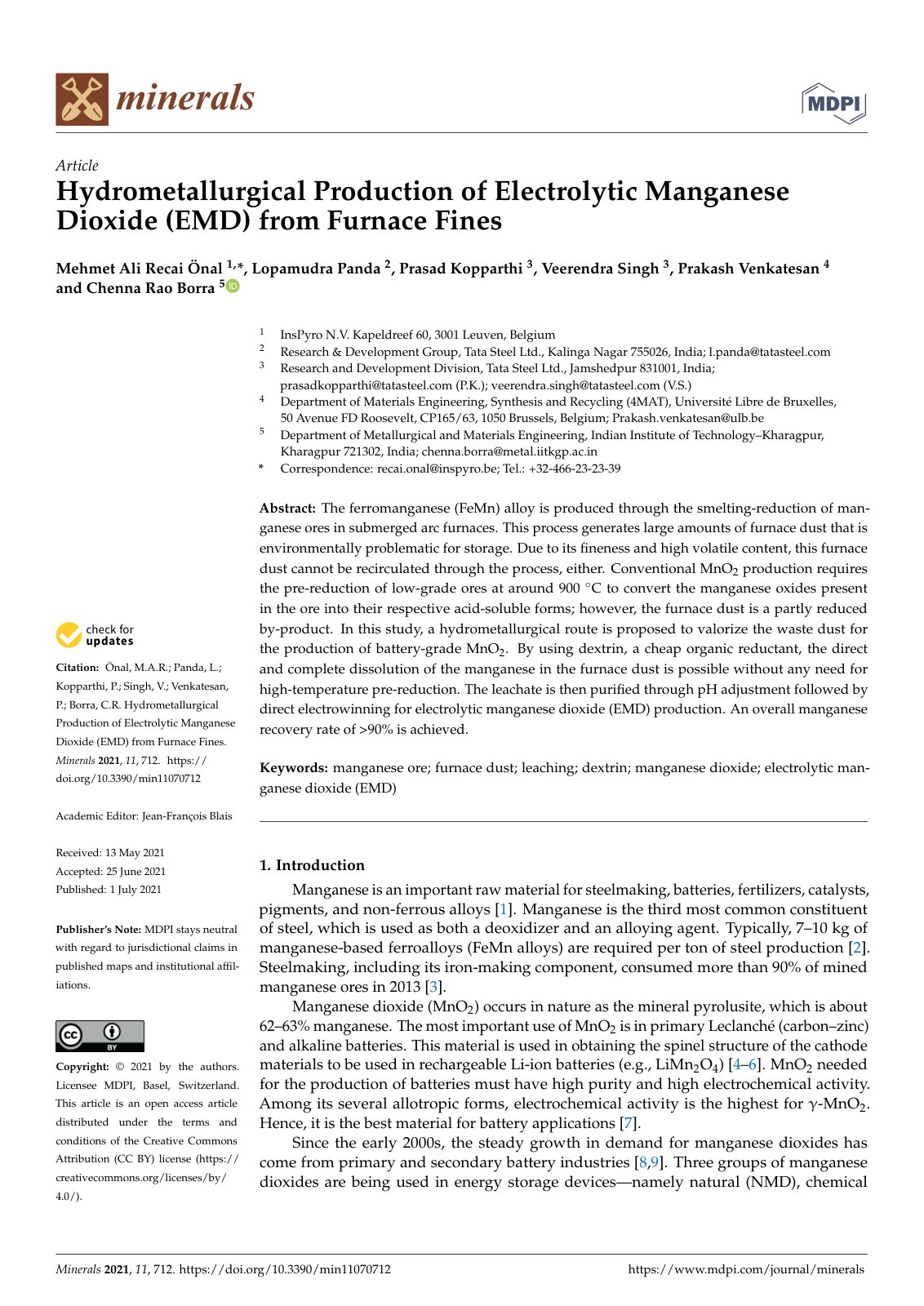 First page of Hydrometallurgical Production of Electrolytic Manganese Dioxide (EMD) from Furnace Fines