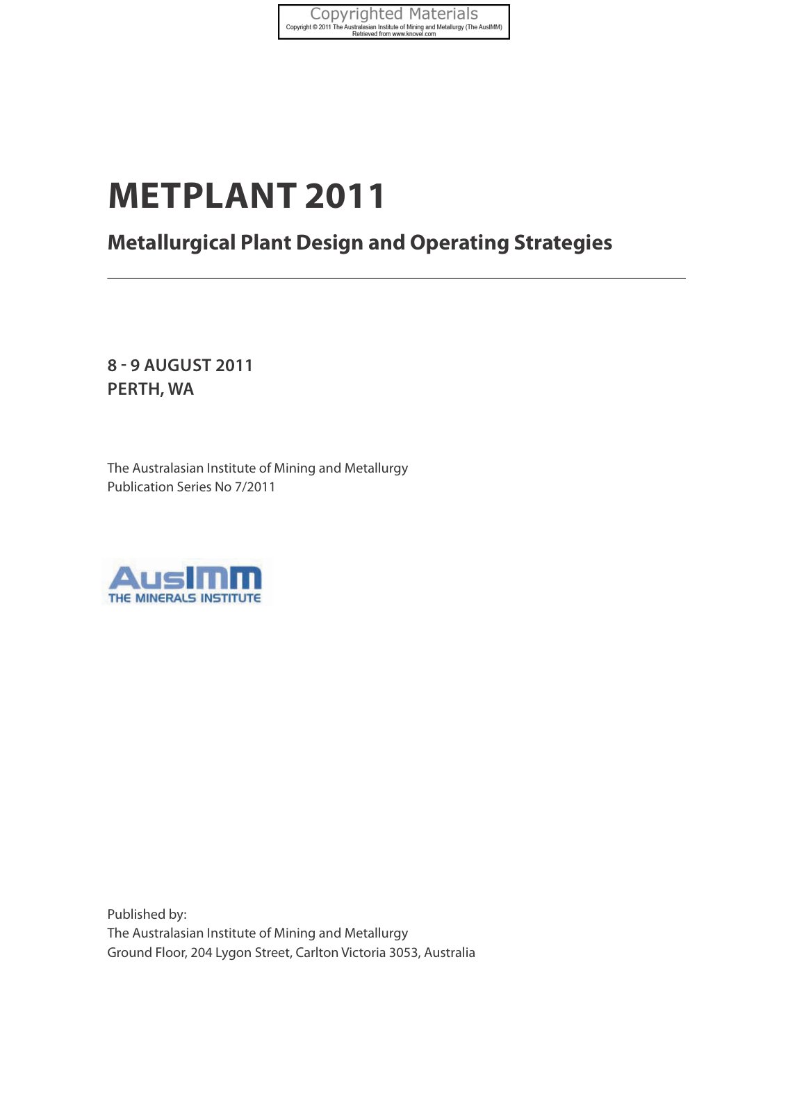 First page of Metallurgical Plant Design and Operating Strategies
