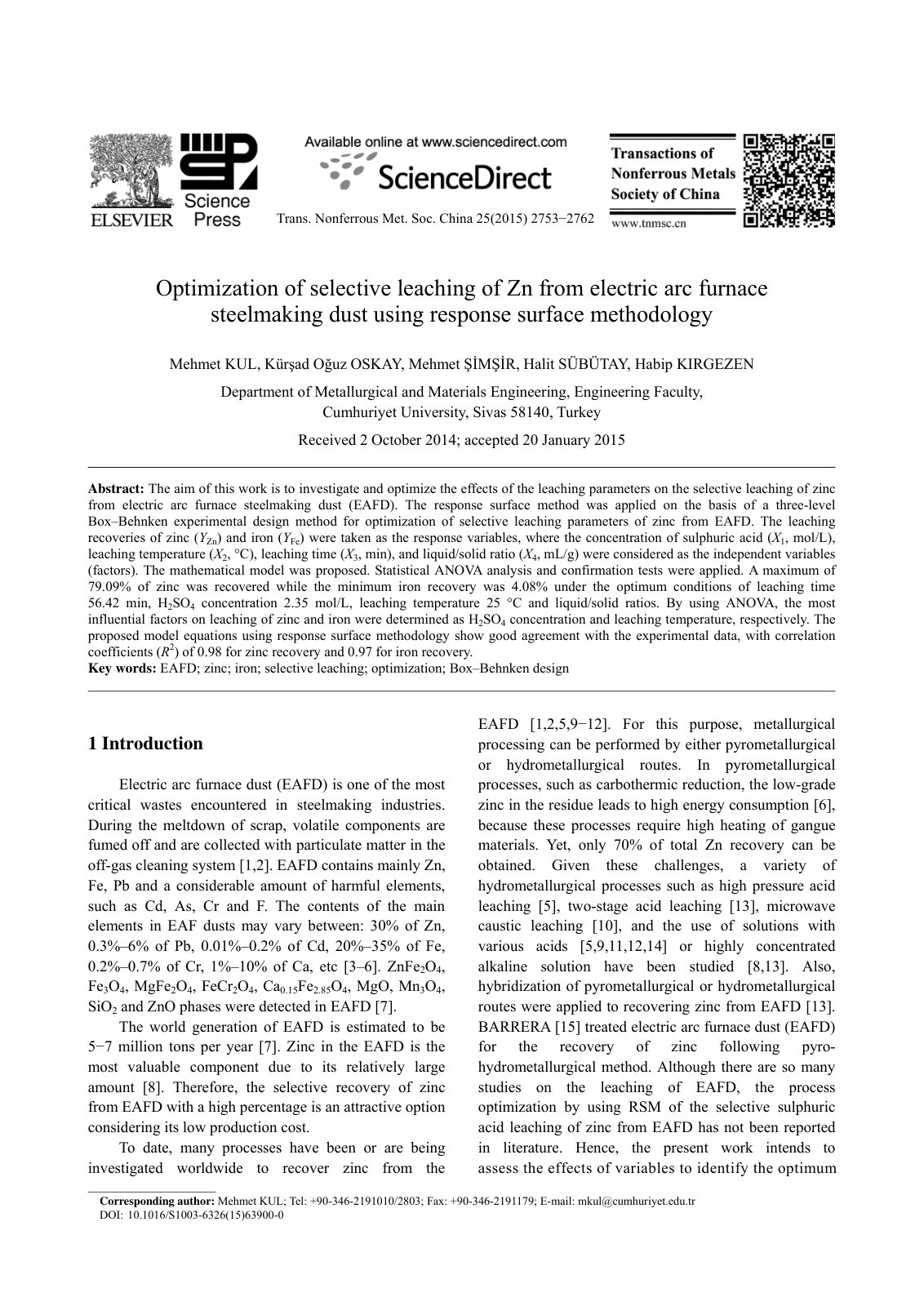 First page of Optimization of selective leaching of Zn