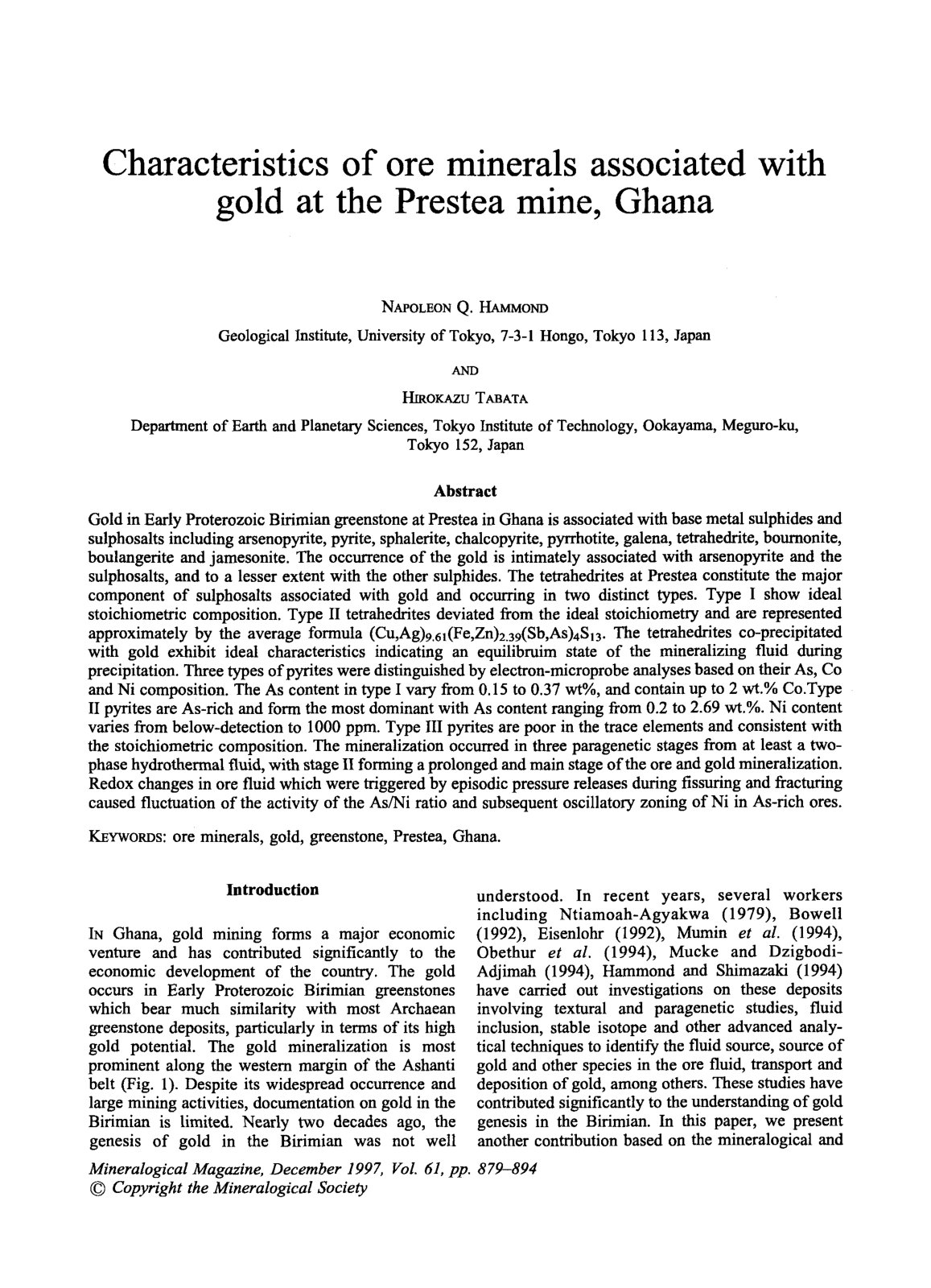 First page of Characteristics of ore minerals associated with gold at the Prestea mine, Ghana