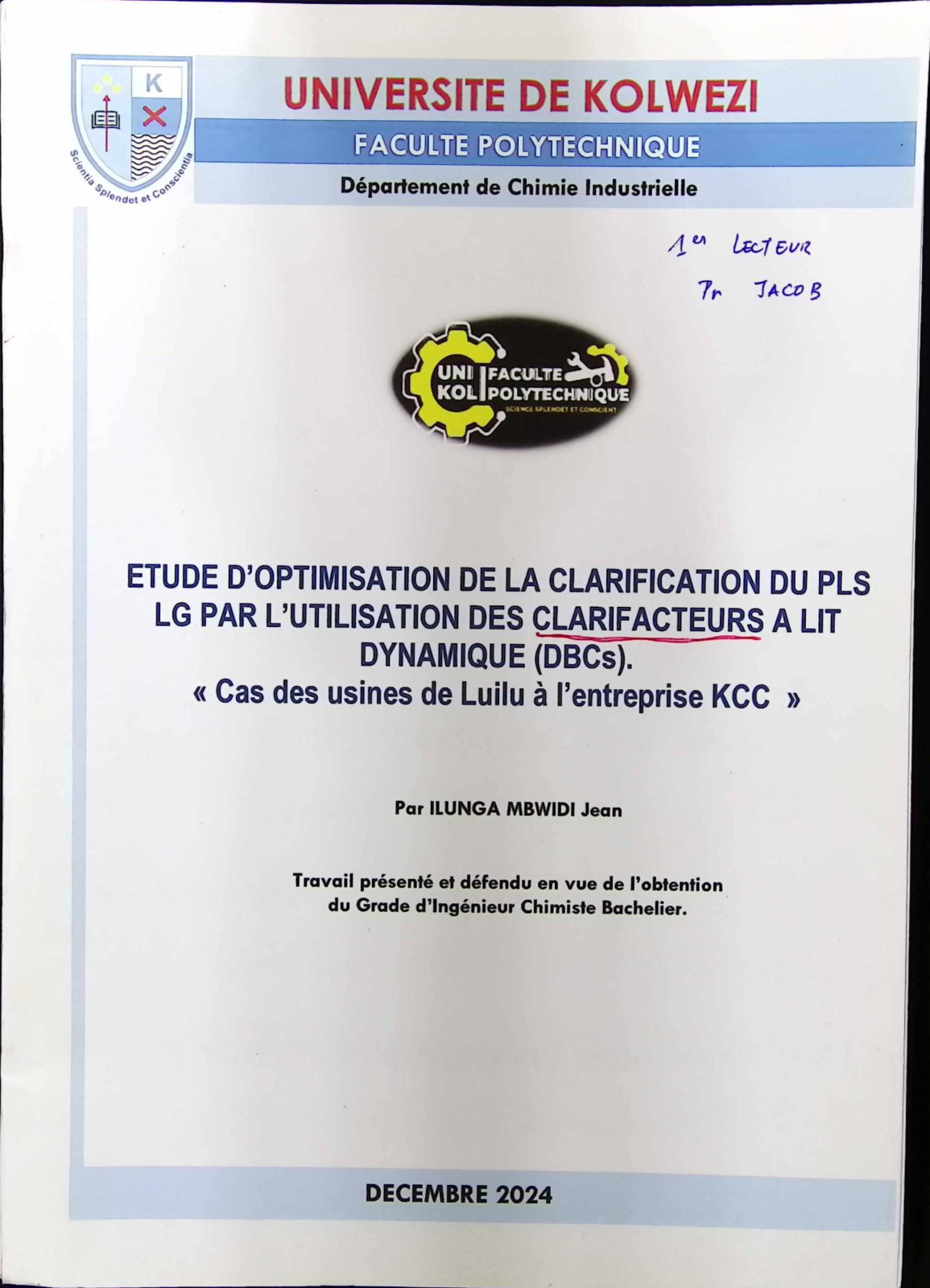 First page of ETUDE D’OPTIMISATION DE LA CLARIFICATION DU PLS LG PAR L’UTILISATION DES CLARIFICATEURS A LIT DYNAMIQUE (DBCs). « Cas des usines de Luilu à l’entreprise KCC »