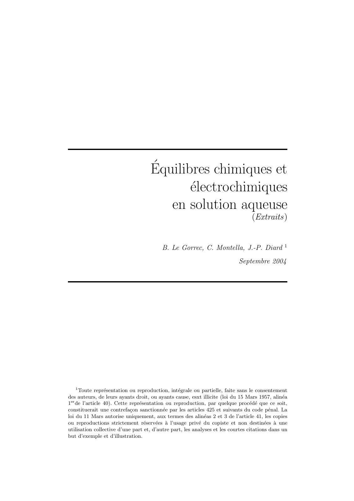 First page of Equilibres chimiques et électrochimiques en solution aqueuse (Extraits)