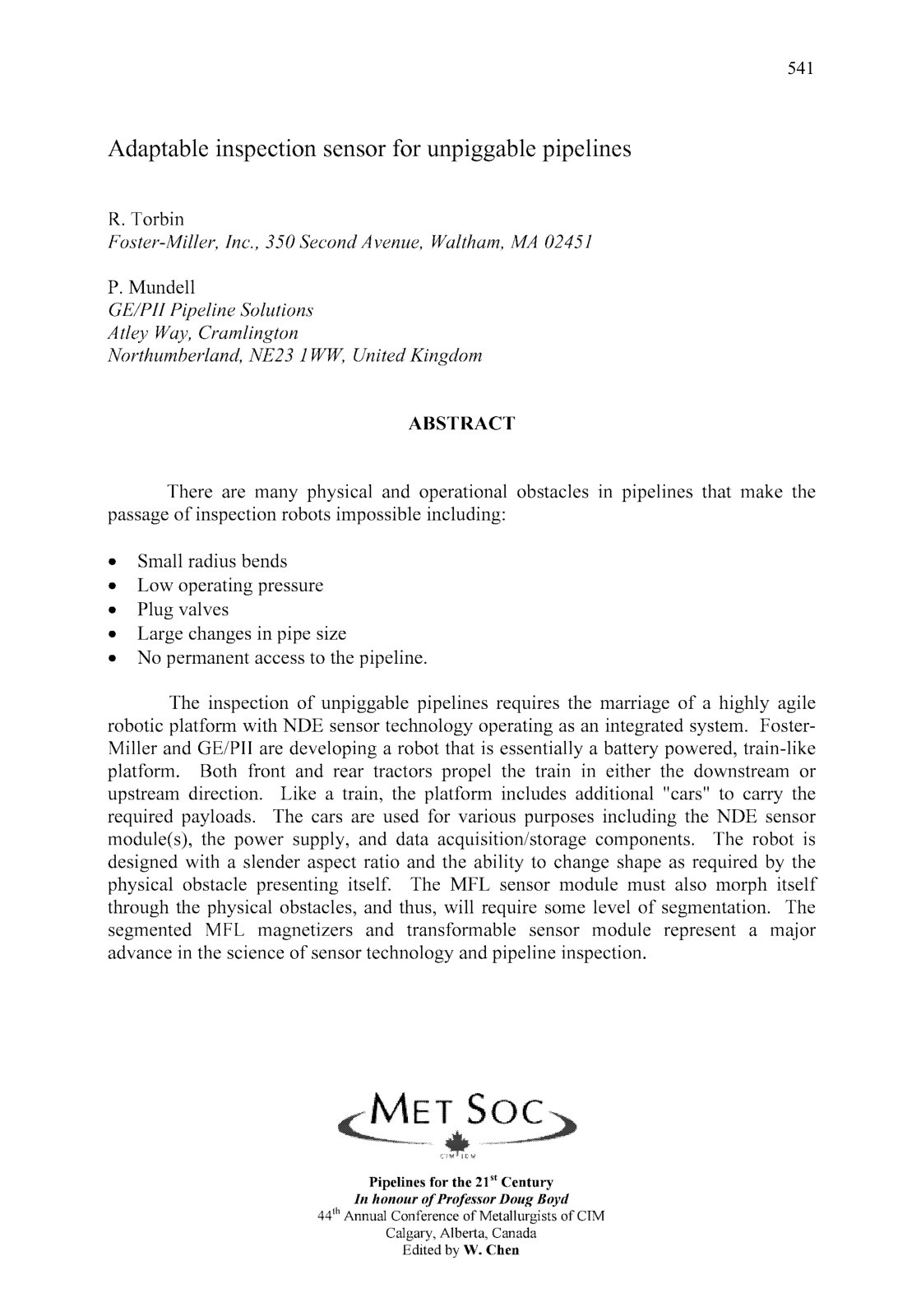 First page of Adaptable inspection sensor for unpiggable pipelines