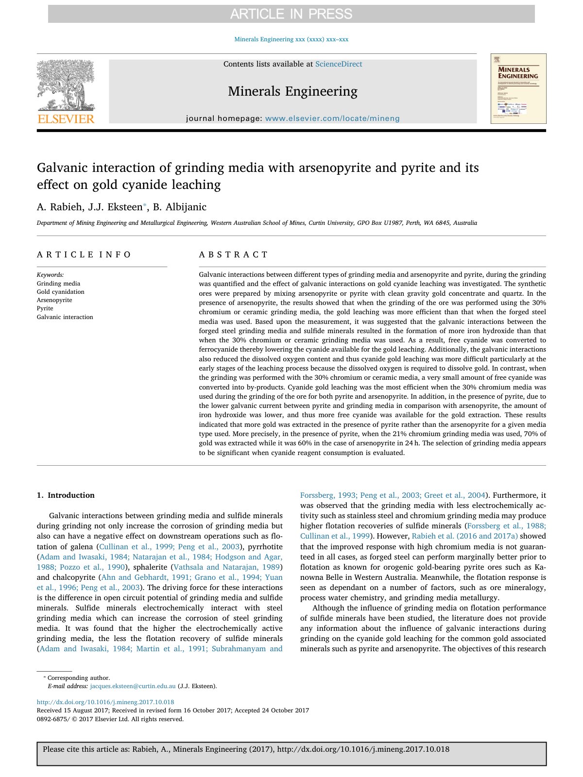 First page of Galvanic interaction of grinding media with arsenopyrite and pyrite and its effect on gold cyanide leaching