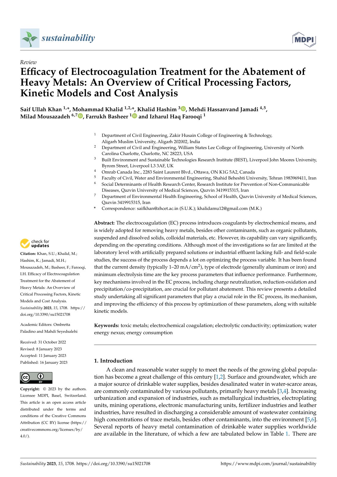 First page of Efﬁcacy of Electrocoagulation Treatment for the Abatement of Heavy Metals: An Overview of Critical Processing Factors, Kinetic Models and Cost Analysis