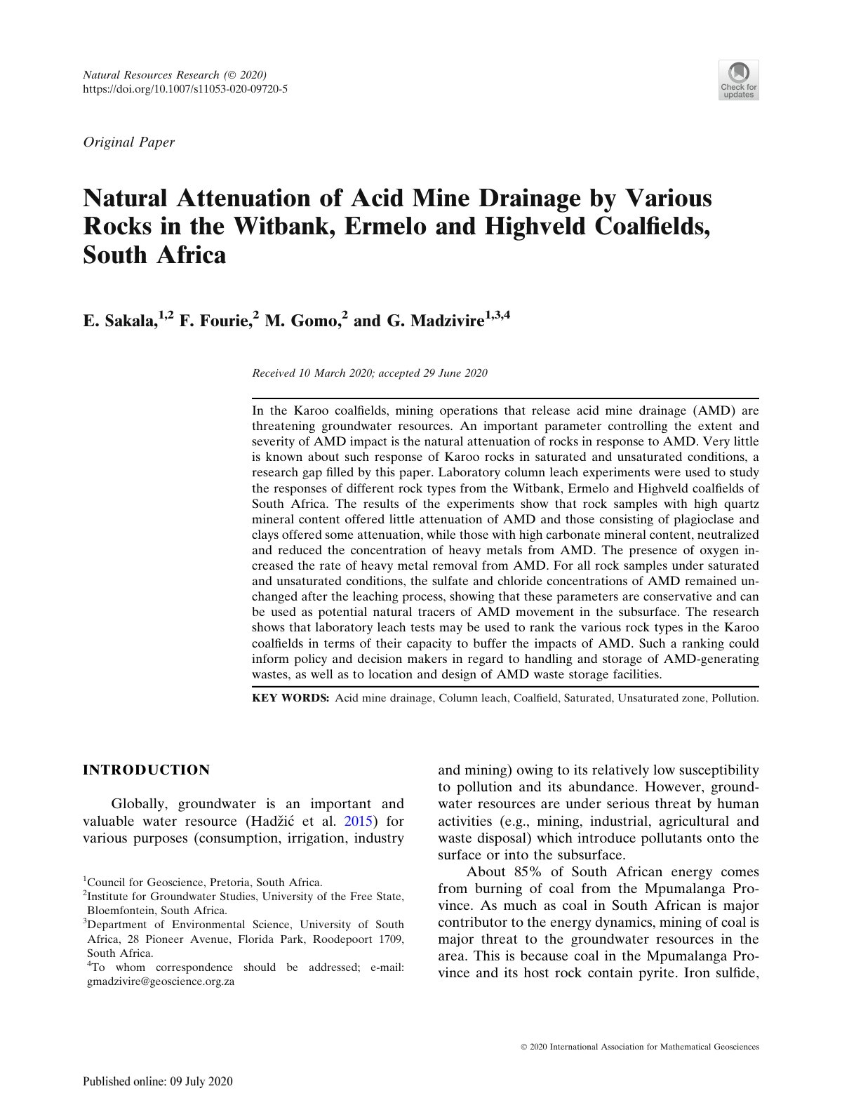 First page of Natural Attenuation of Acid Mine Drainage by Various Rocks in the Witbank, Ermelo and Highveld Coalﬁelds, South Africa