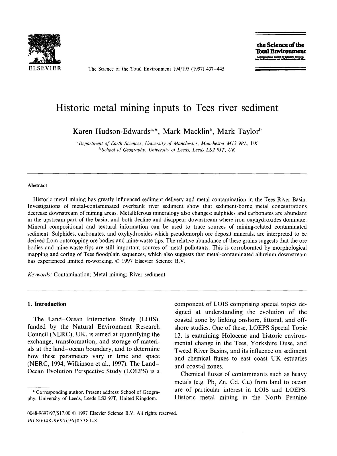 First page of Historic metal mining inputs to Tees river sediment