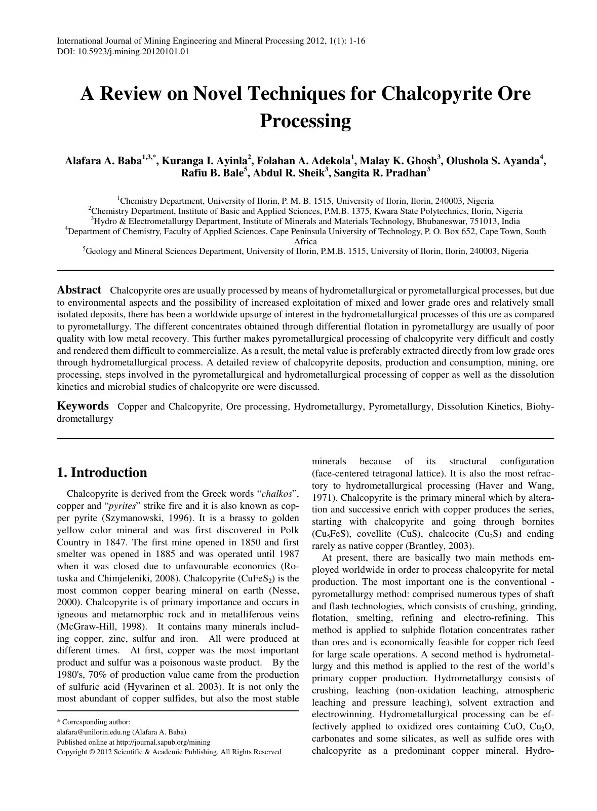 First page of A Review on Novel Techniques for Chalcop