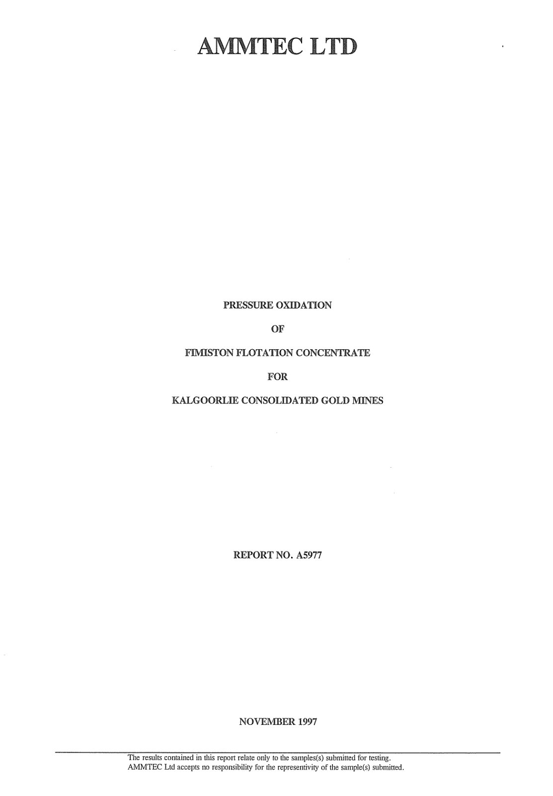 First page of Report A5977   POX Testwork