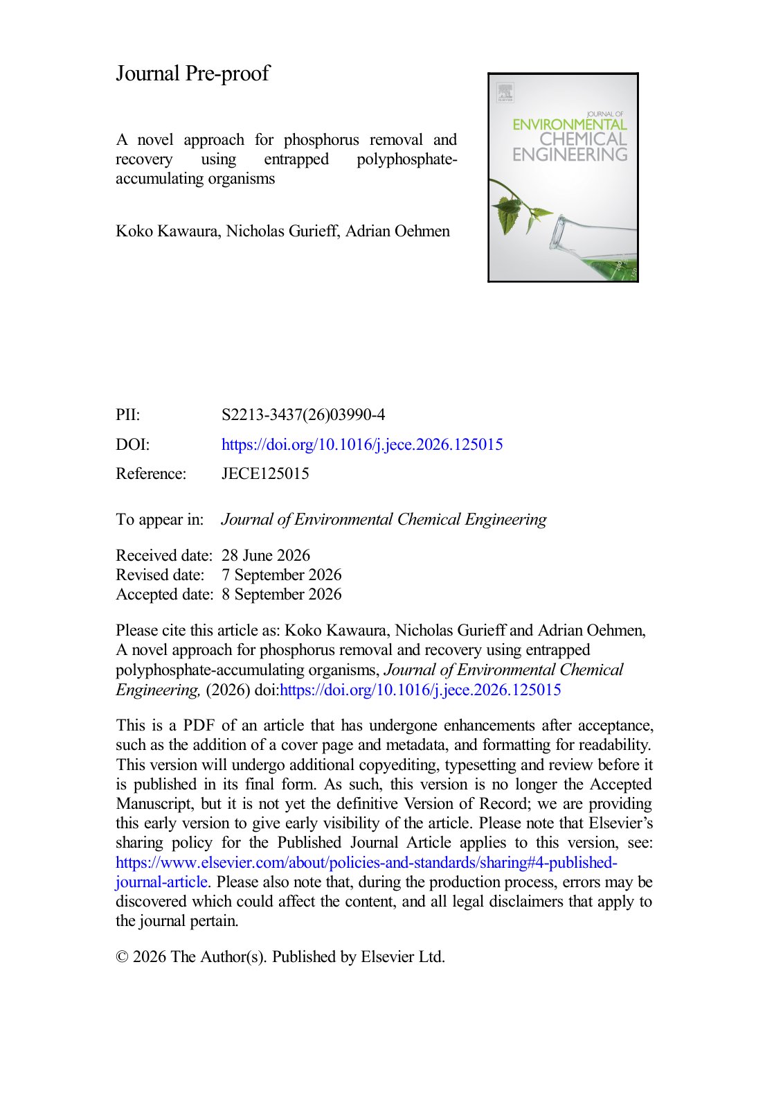 First page of A novel approach for phosphorus removal and recov 2026 Journal of Environmen