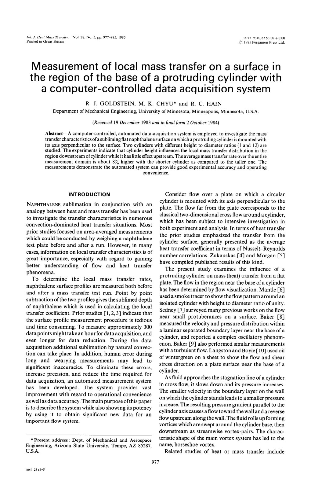 First page of Measurement of local mass transfer on a