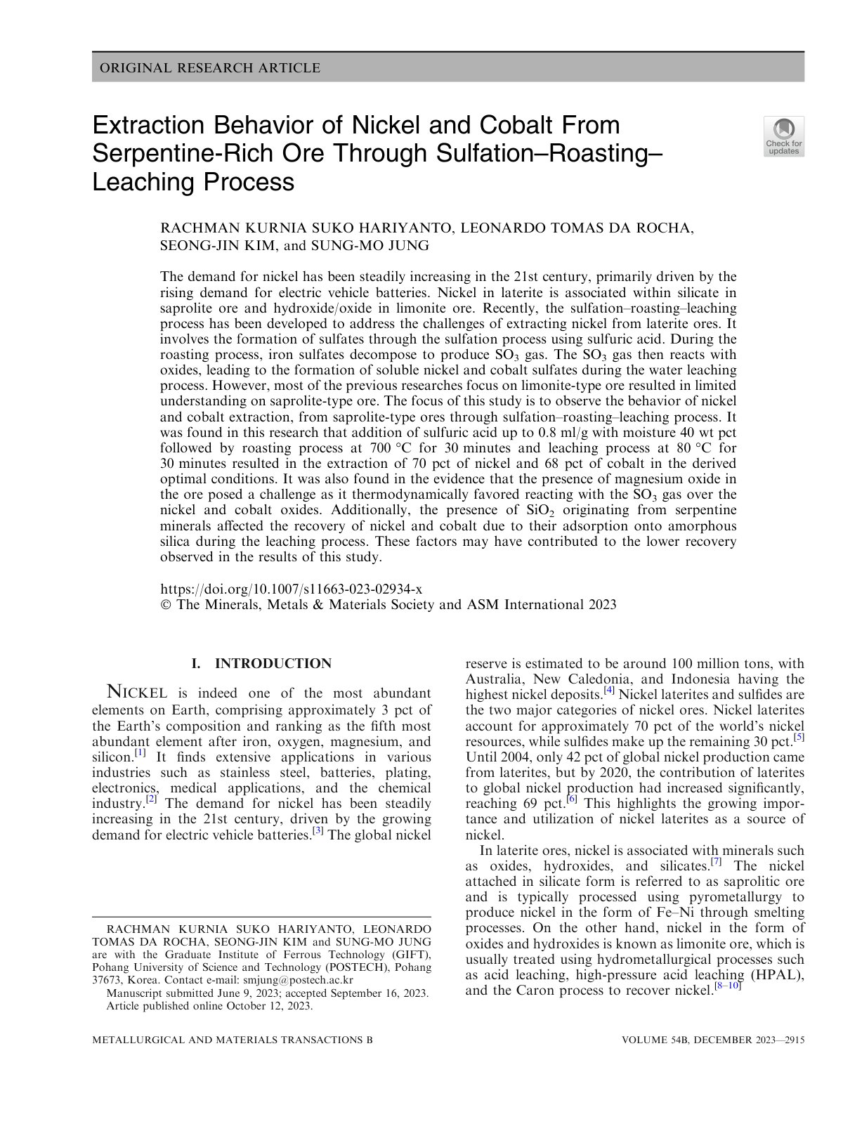 First page of Extraction Behavior of Nickel and Cobalt