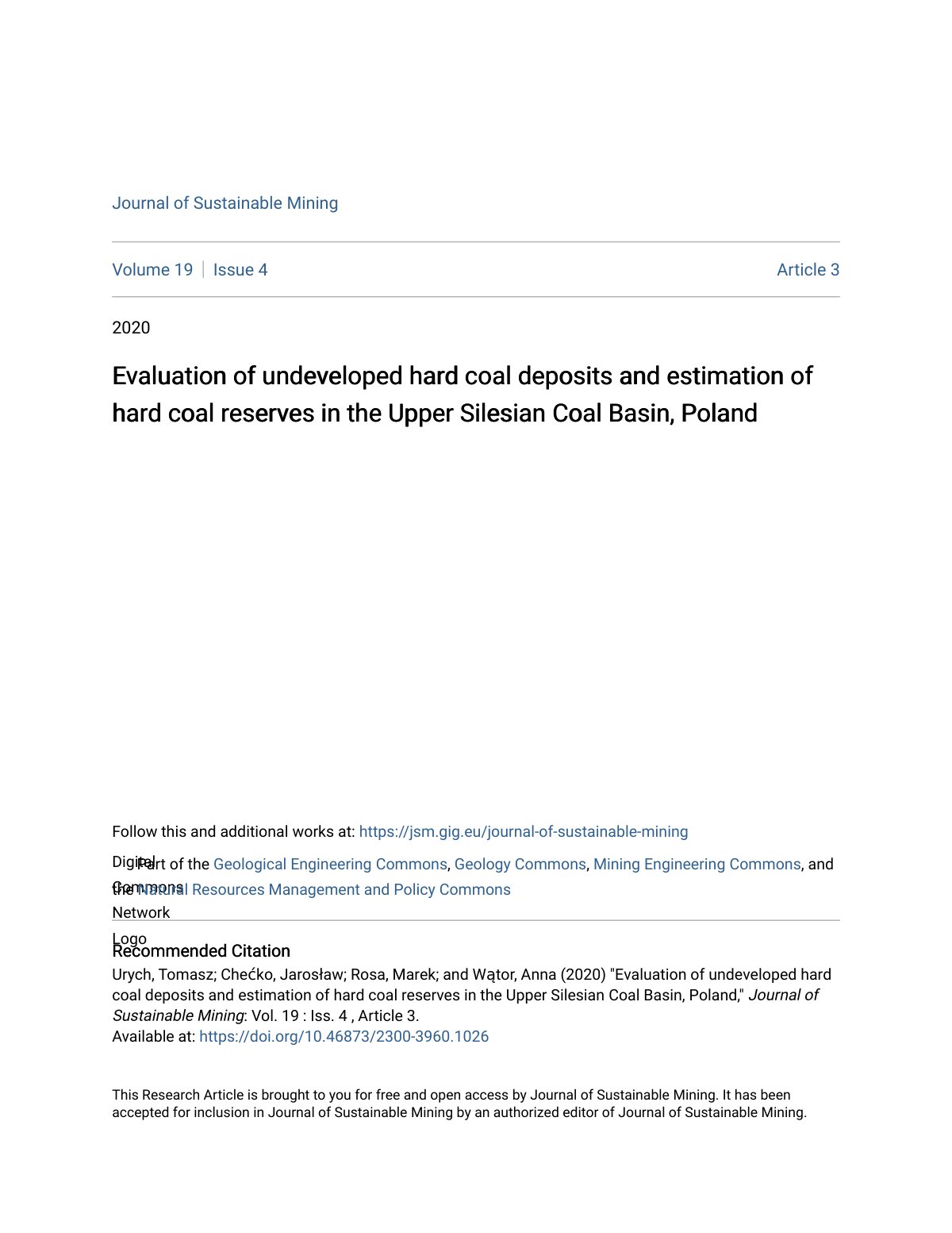 First page of Evaluation of undeveloped hard coal deposits and estimation of hard coal reserves in the Upper Silesian Coal Basin, Poland