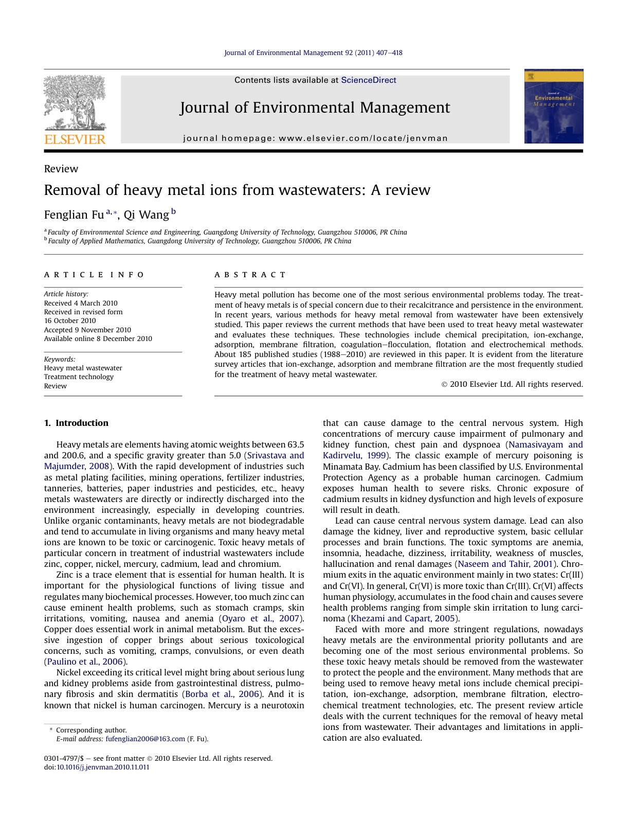 First page of Removal of heavy metal ions from wastewaters: A review