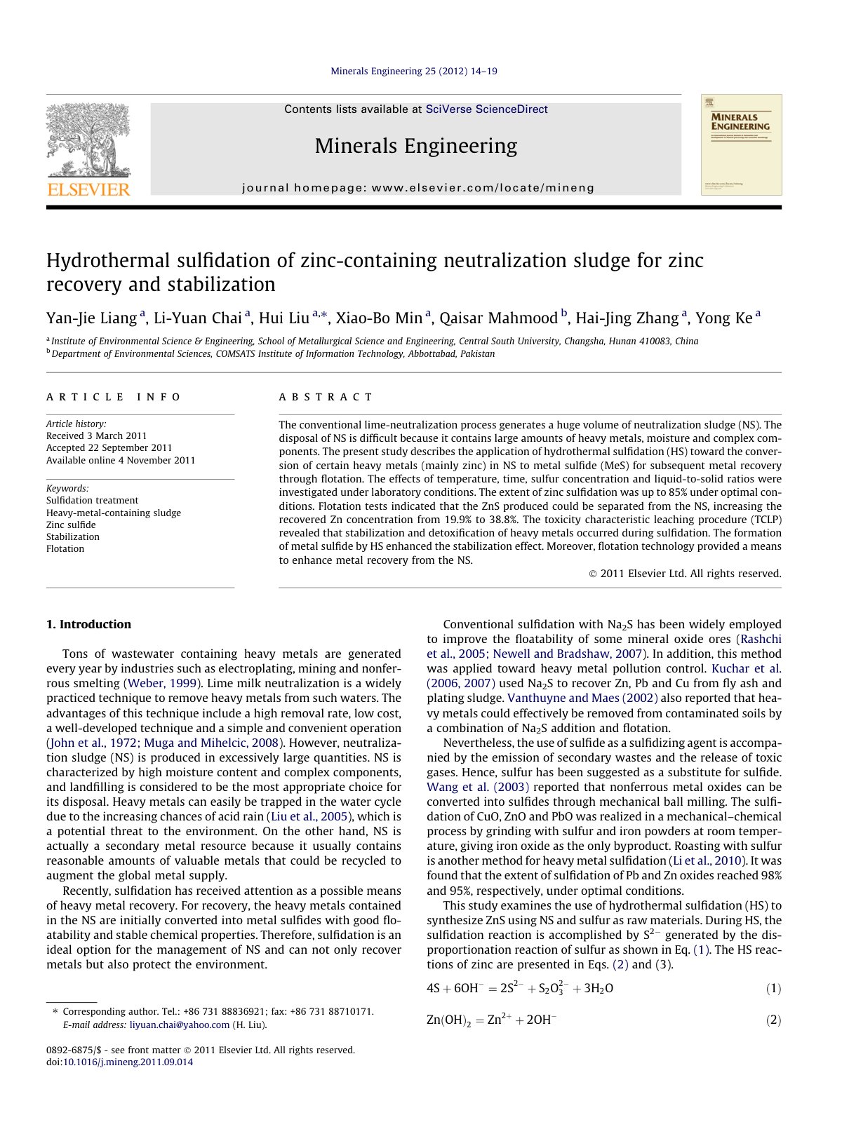 First page of Hydrothermal sulﬁdation of zinc-containing neutralization sludge for zinc recovery and stabilization