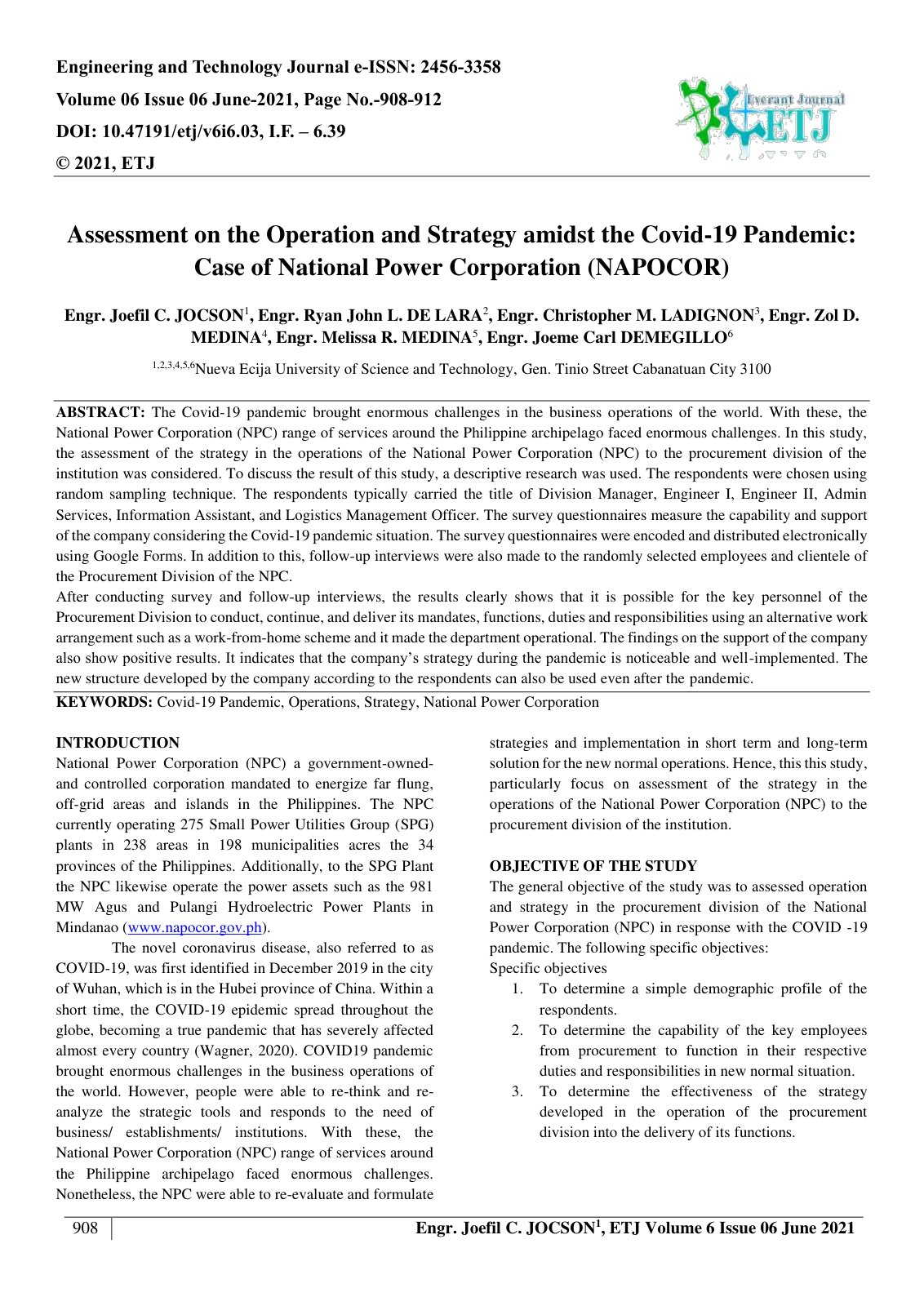 First page of Assessment on the Operation and Strategy amidst the Covid 19 Pandemic 