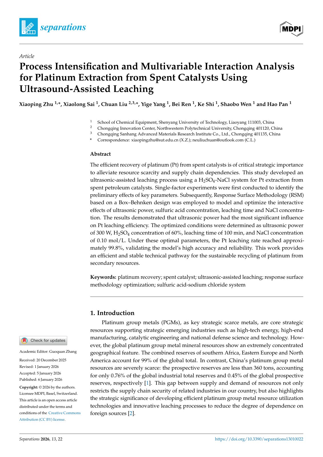 First page of 2026   Zhu   Ultrasound Assisted Platinum Leaching from Spent Catalysts