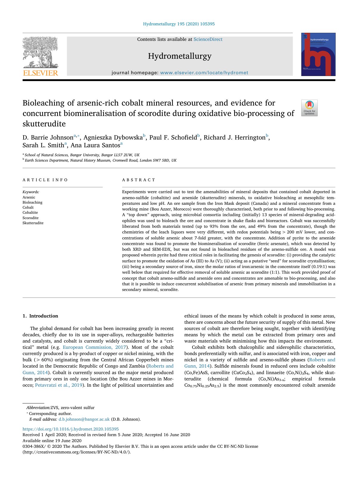 First page of Bioleaching of arsenic rich cobalt mineral resources  and eviden 2020 Hydrom