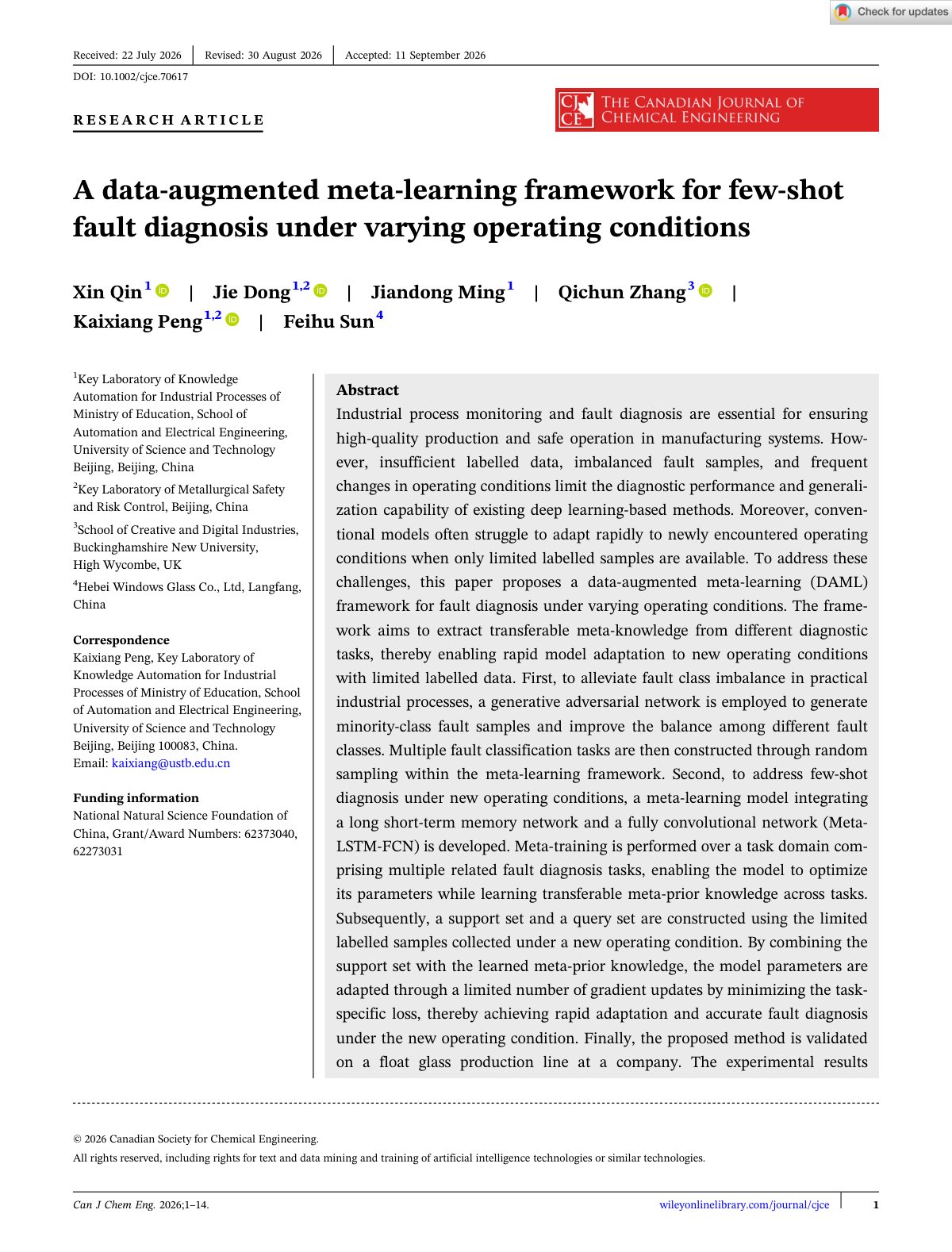 First page of Can J Chem Eng   2026   Qin   A data‐augmented meta‐learning framework for few‐shot fault diagnosis under varying operating
