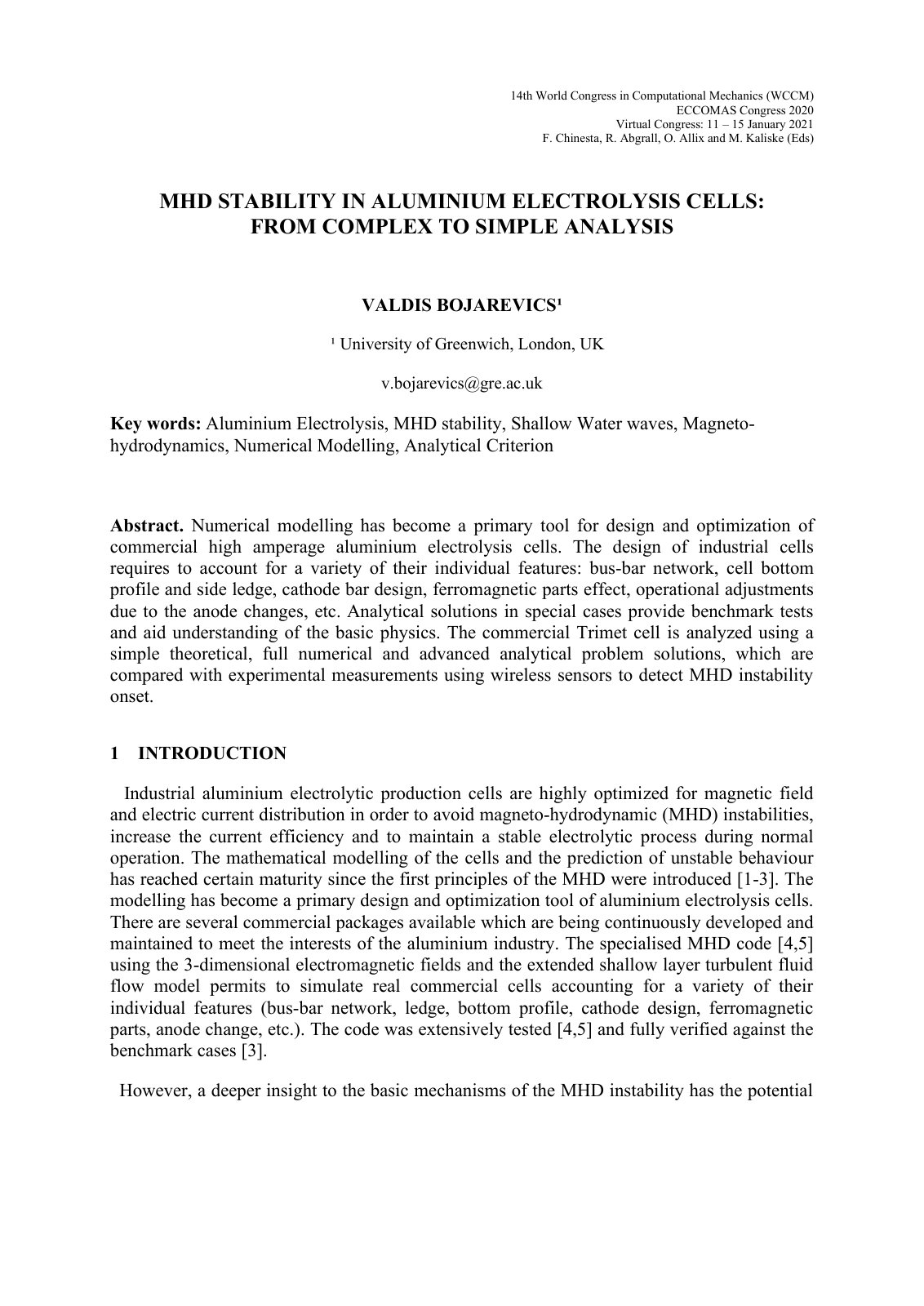 First page of MHD STABILITY IN ALUMINIUM ELECTROLYSIS CELLS: FROM COMPLEX TO SIMPLE ANALYSIS
