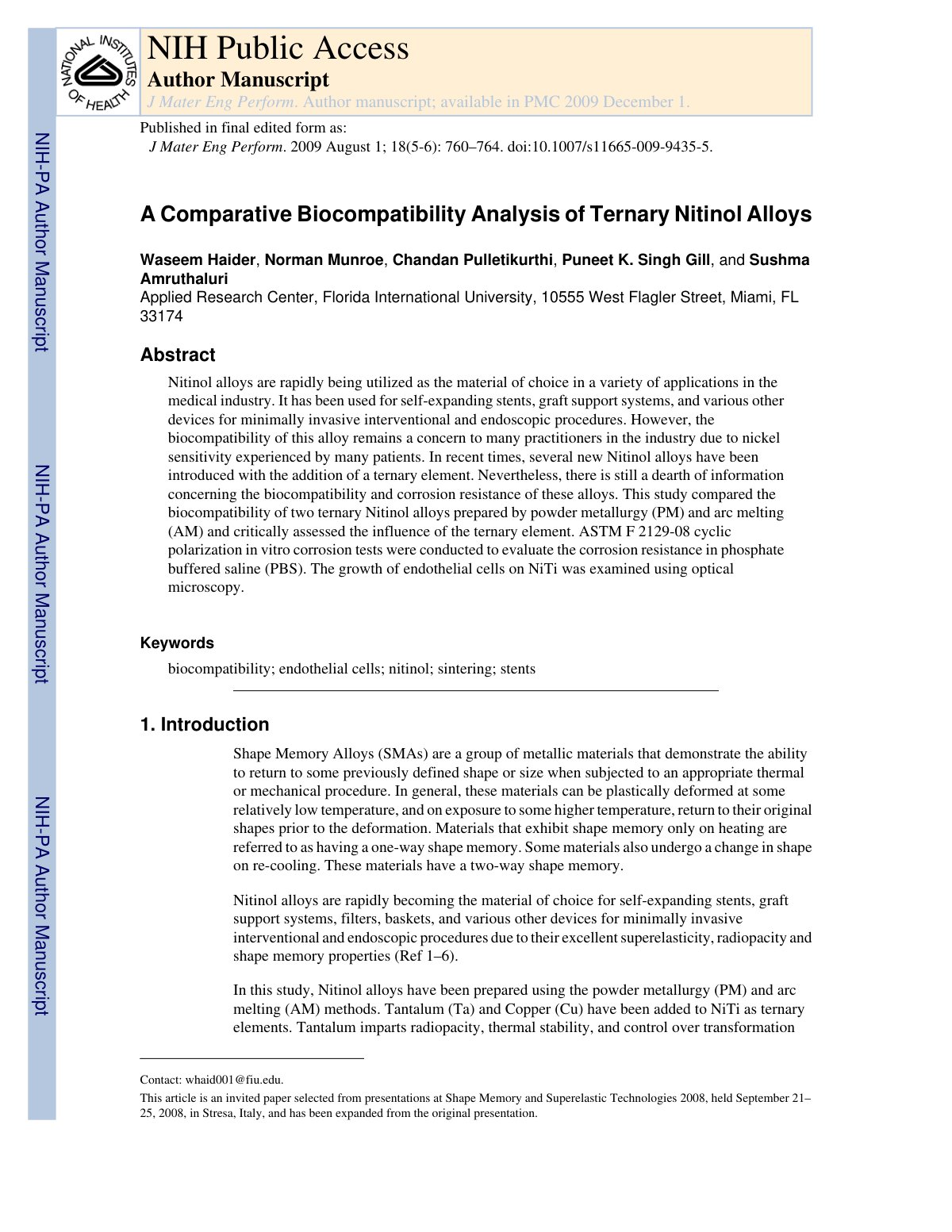 First page of A Comparative Biocompatibility Analysis of Ternary Nitinol Alloys