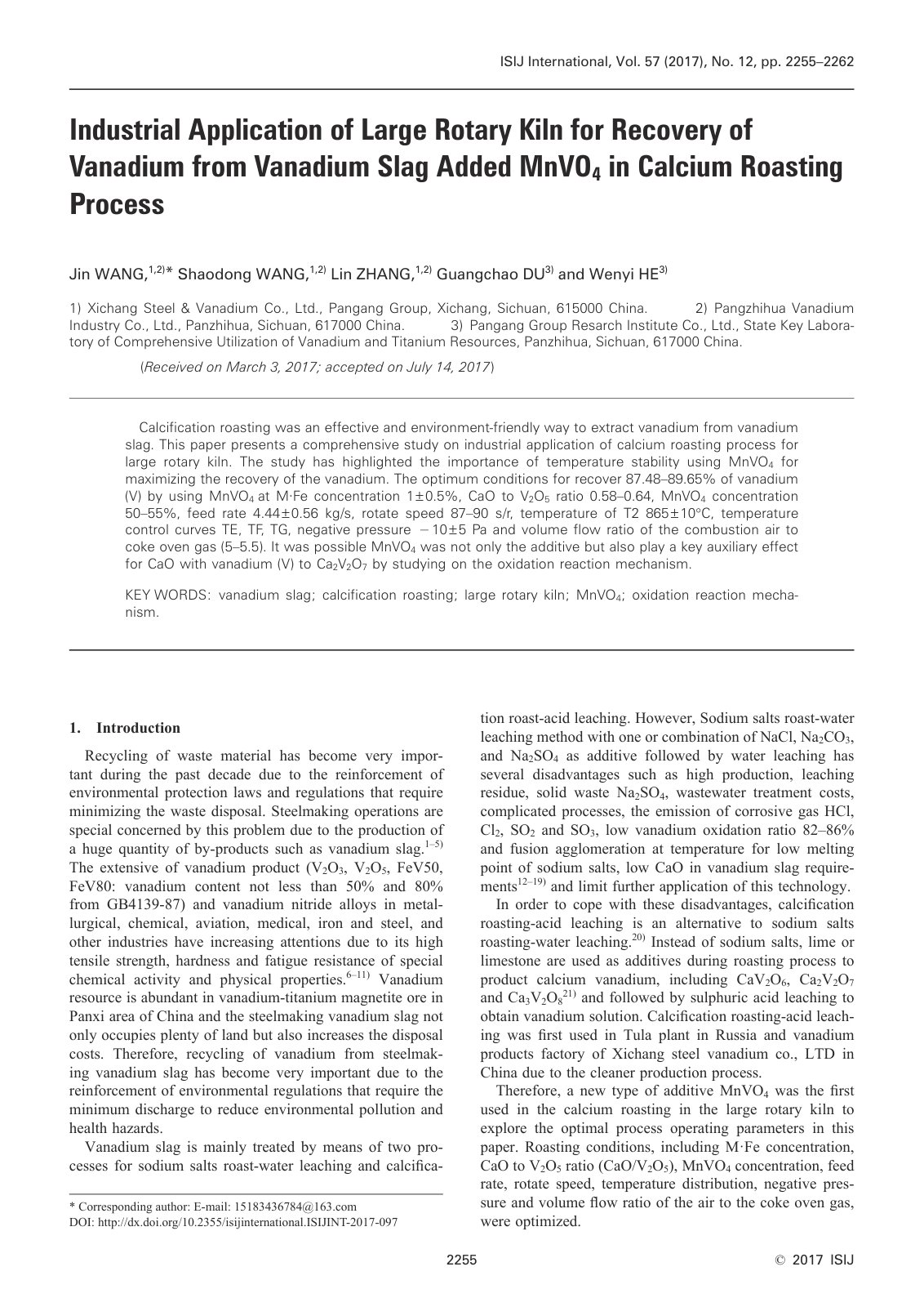 First page of Industrial Application of Large Rotary Kiln for Recovery of Vanadium from Vanadium Slag Added MnVO4 in Calcium Roasting Process