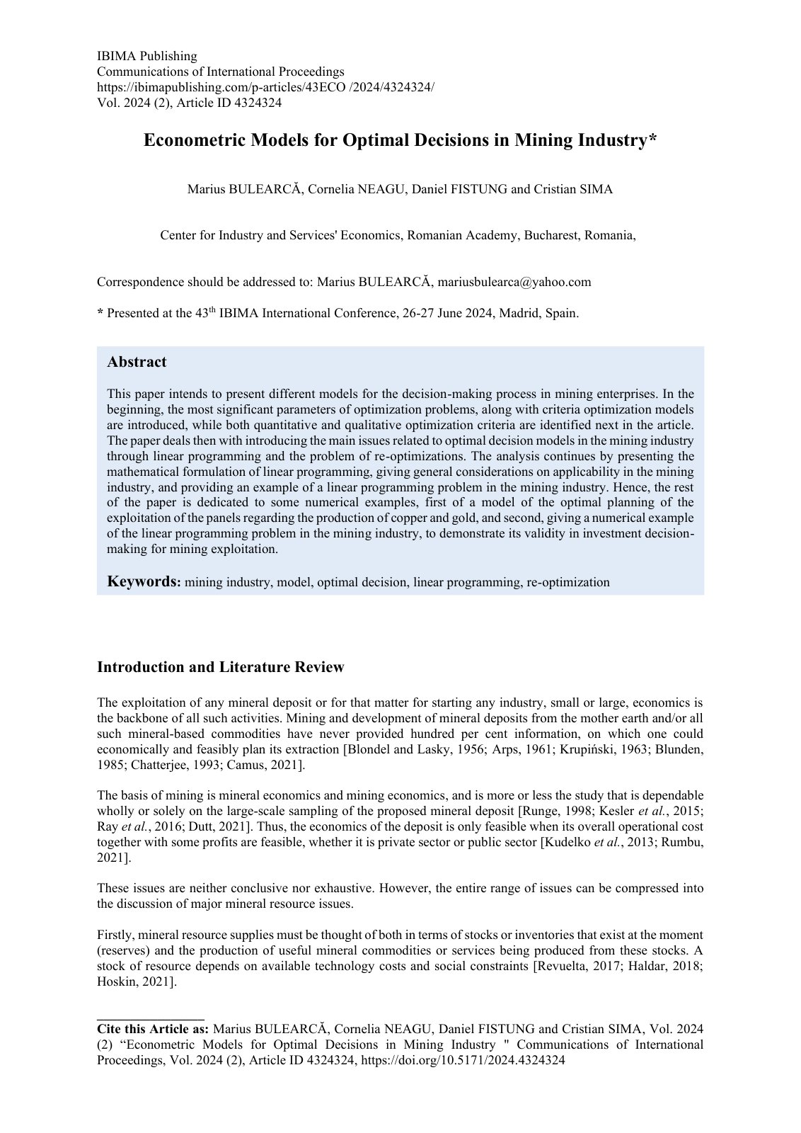 First page of Econometric Models for Optimal Decisions in Mining Industry