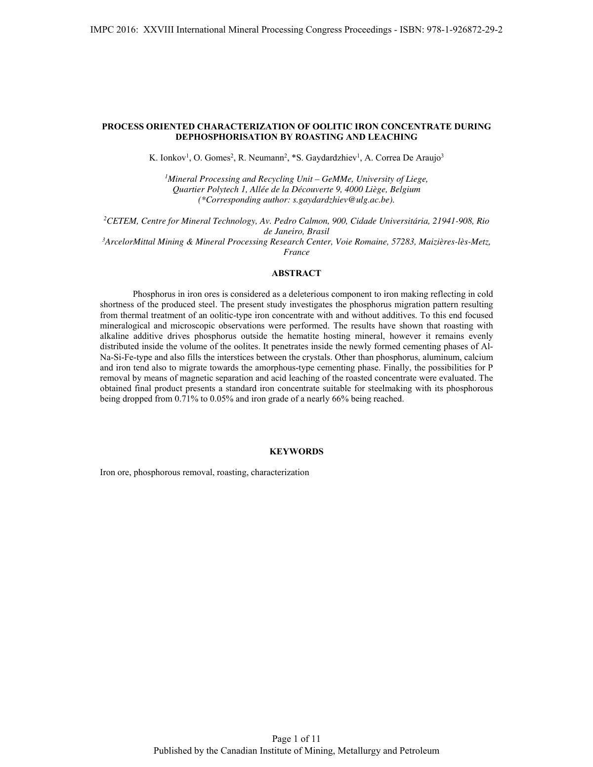 First page of PROCESS ORIENTED CHARACTERIZATION OF OOLITIC IRON CONCENTRATE DURING DEPHOSPHORISATION BY ROASTING AND LEACHING
