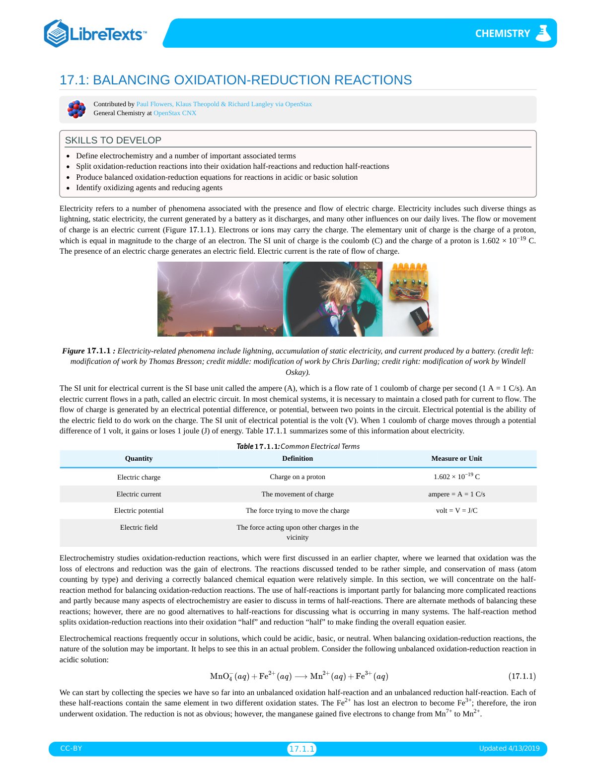 First page of LibreTexts  Louisville Collegiate School  Chapters  17  Electrochemistry  17.1  Balancing Oxidation Reduction Reactions