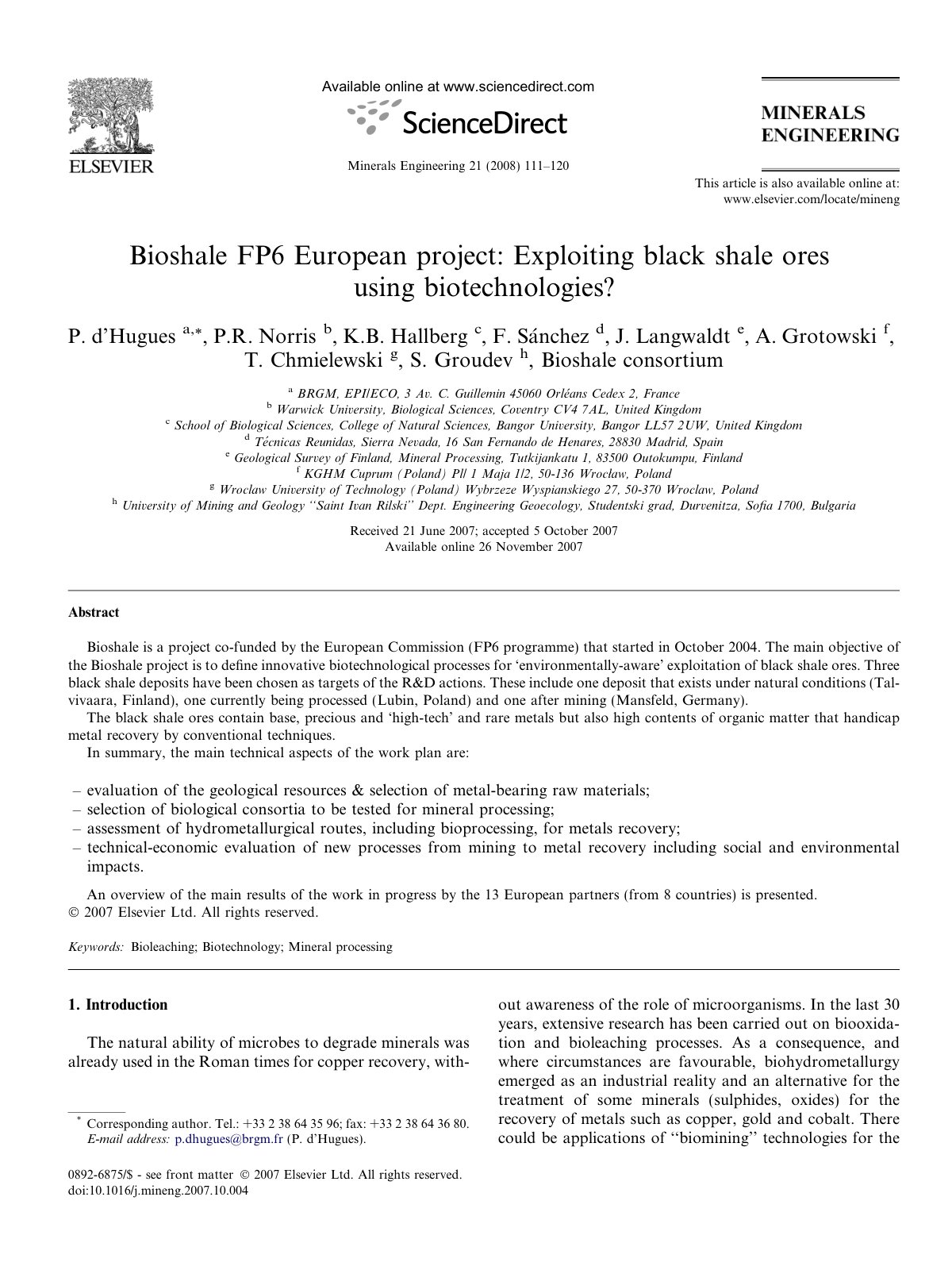 First page of Bioshale FP6 European project: Exploiting black shale ores using biotechnologies?