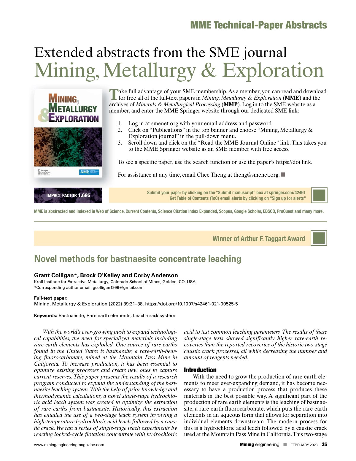 First page of Optimization of the bastnaesite leaching process for rare earth extraction