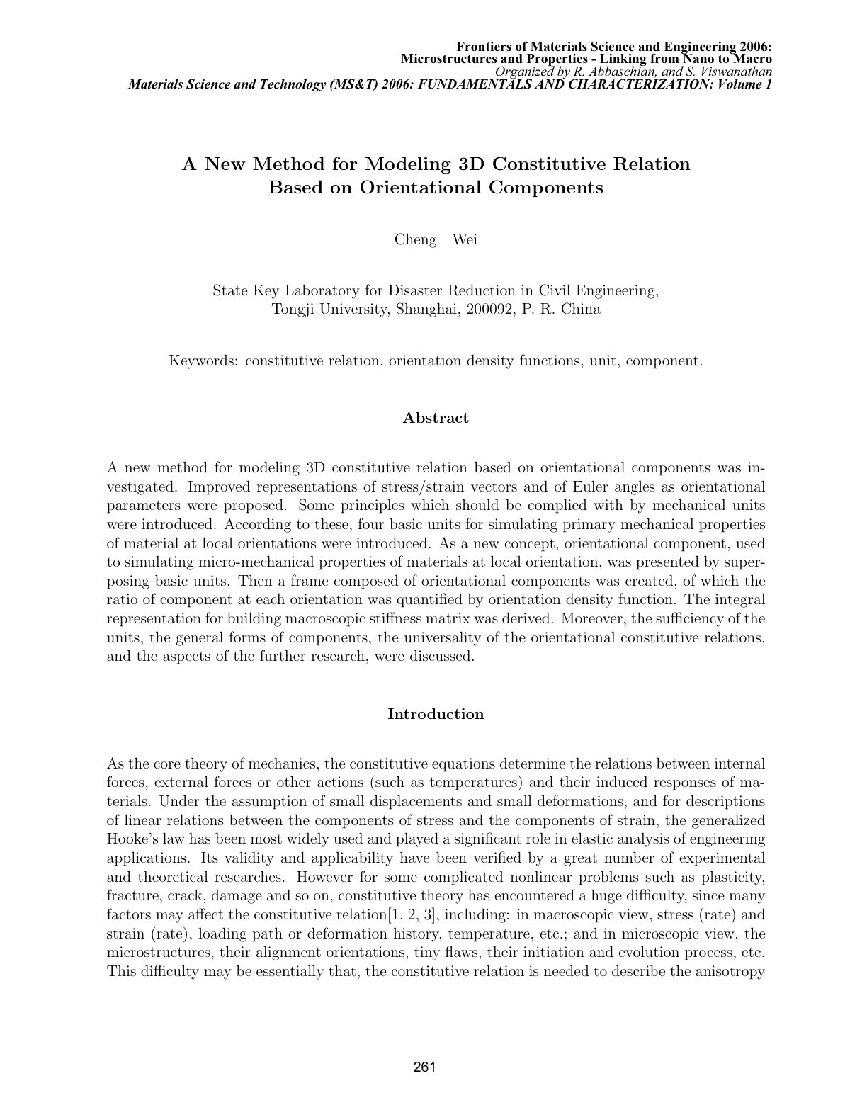 First page of A New Method for Modeling 3D Constitutive Relation Based on Orientational Components