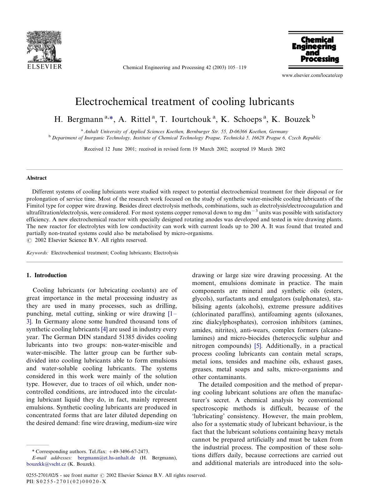 First page of Electrochemical treatment of cooling lubricants