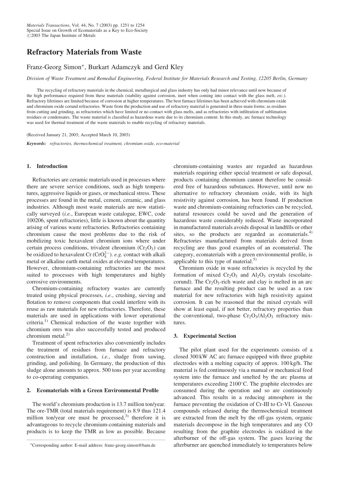 First page of 2003 Franz Georg Simon Refractory Materials from Waste matertrans.44.1251