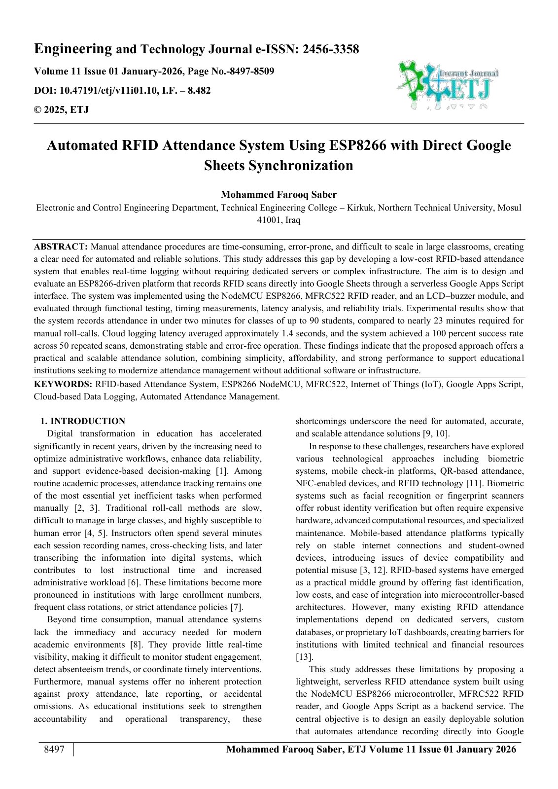 First page of Automated RFID Attendance System Using ESP8266 with Direct Google  Sheets Synchronization  
