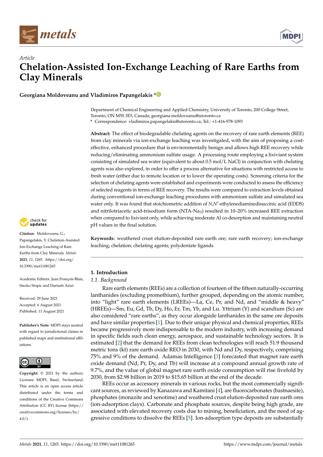 First page of 2021   Moldoveanu   Chelation assisted rare earth leaching