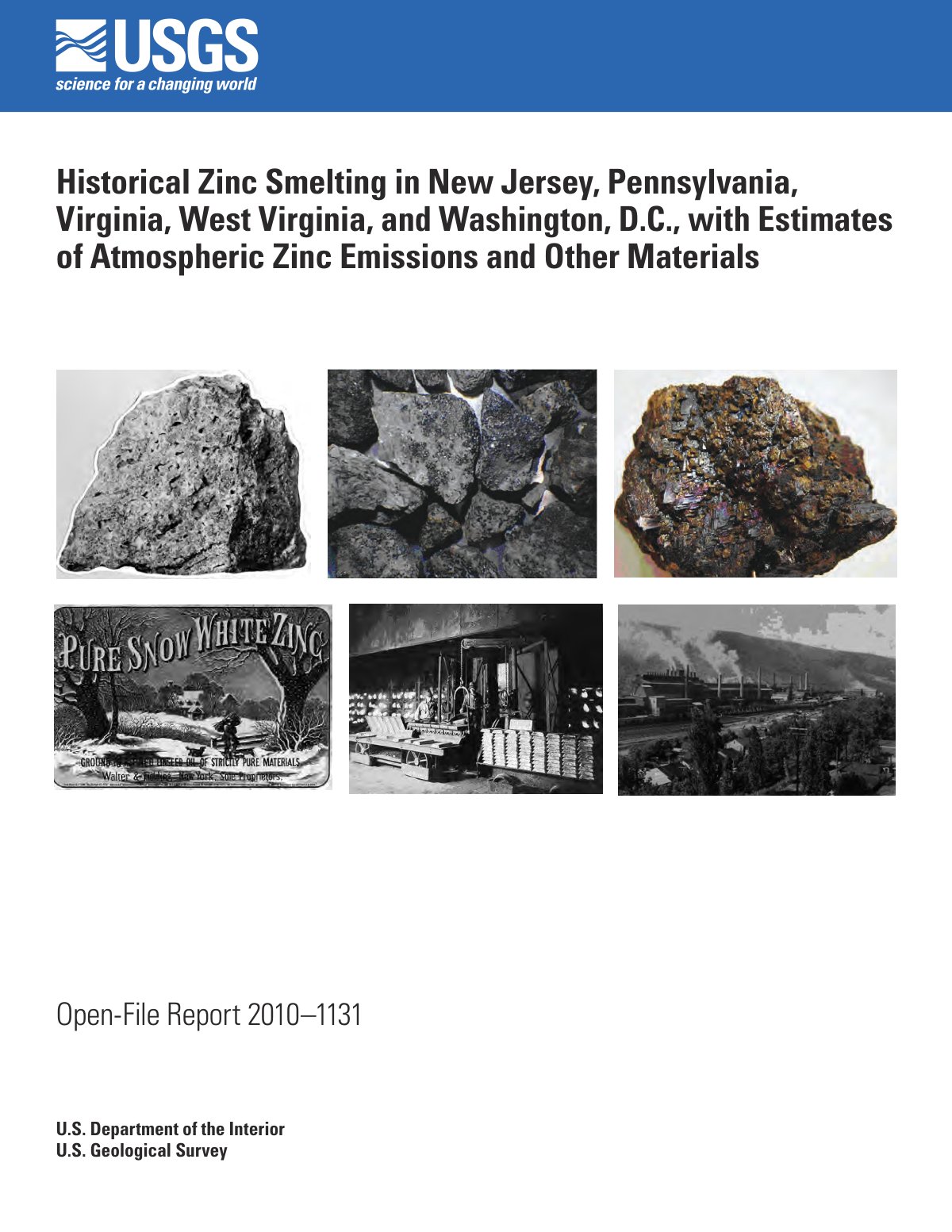 First page of Historical Zinc Smelting in New Jersey, Pennsylvania, Virginia, West Virginia, and Washington, D.C., with Estimates of Atmospheric Zinc Emissions and Other Materials