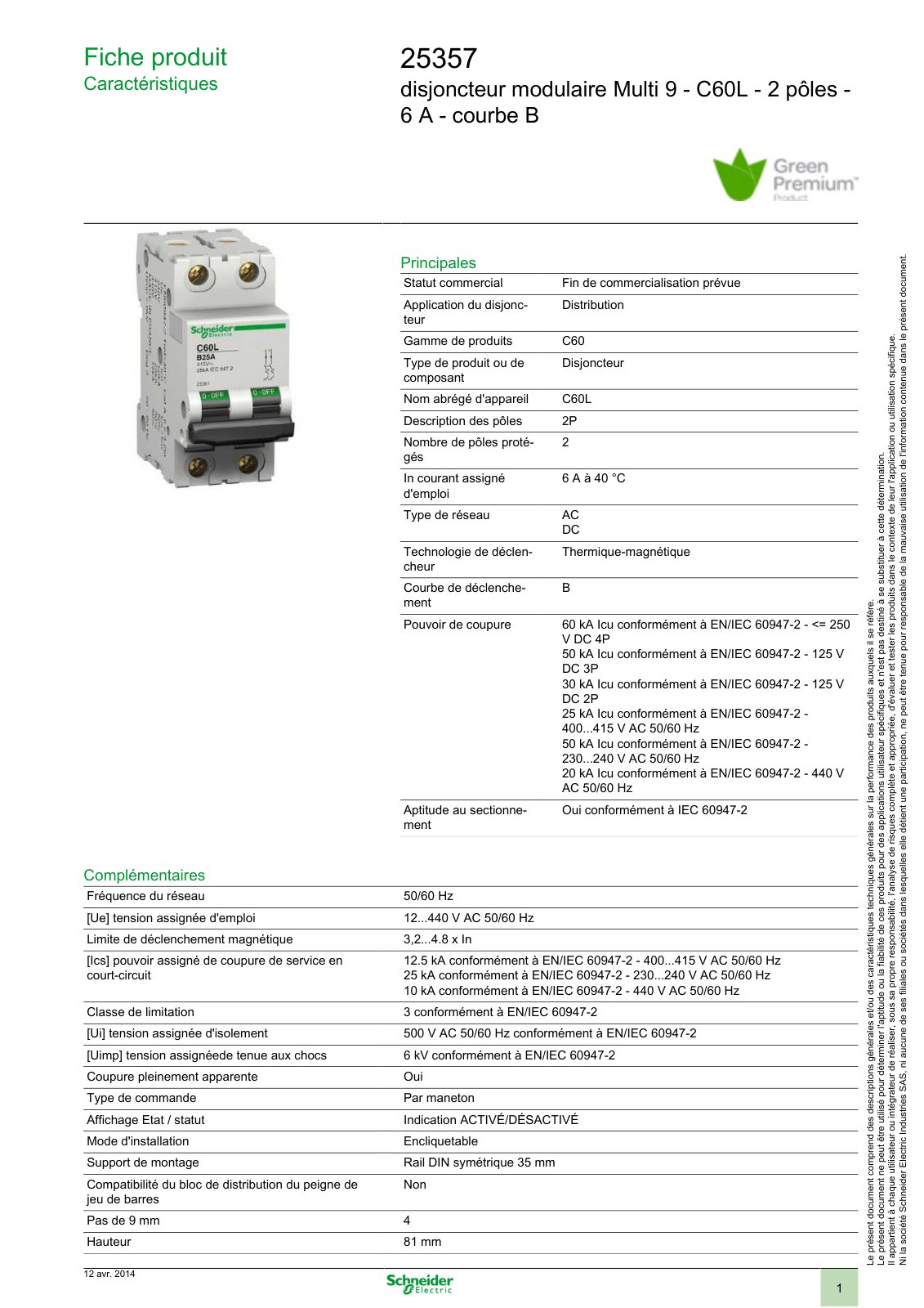 First page of Fiche produit - Disjoncteur modulaire Multi 9 - C60L