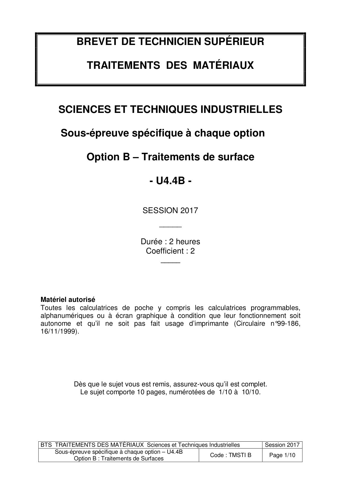 First page of 9360 e4 u44 b bts tm 2017 partie 1 sujet