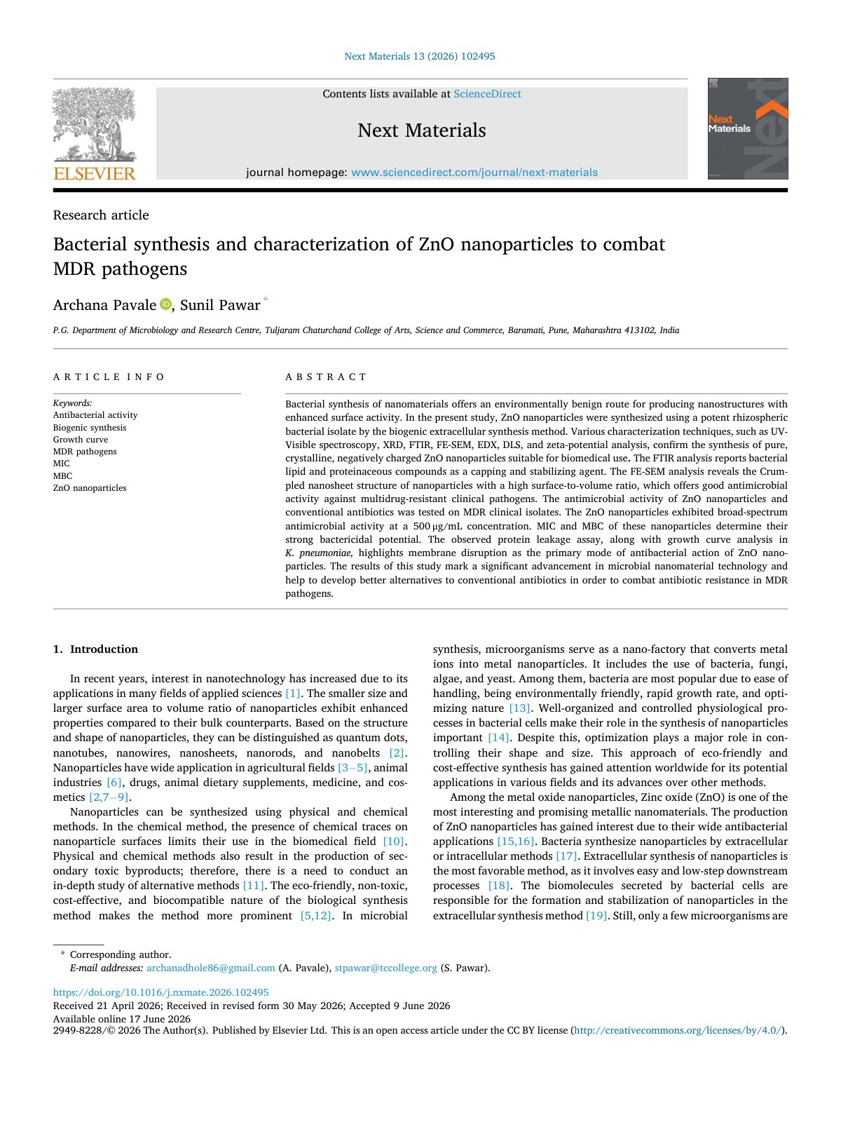 First page of Bacterial synthesis and characterization of ZnO nanoparticles 2026 Next Mate
