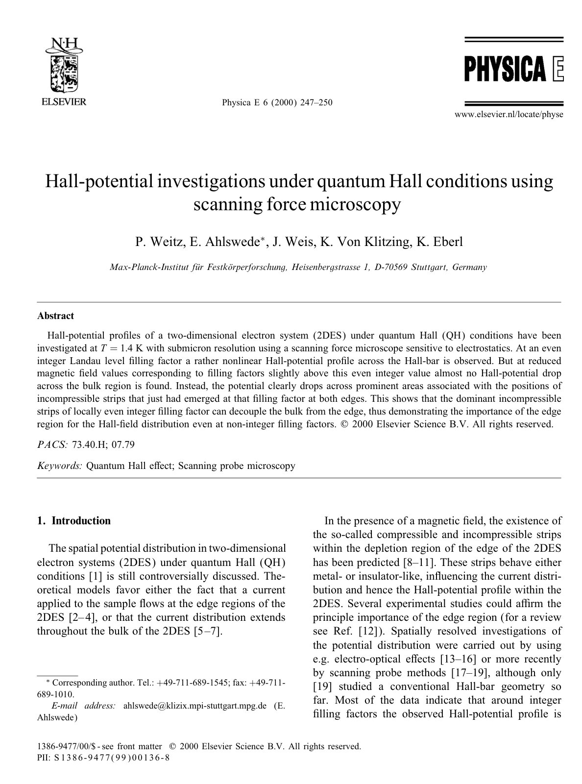 First page of Hall-potential investigations under quantum Hall conditions using scanning force microscopy