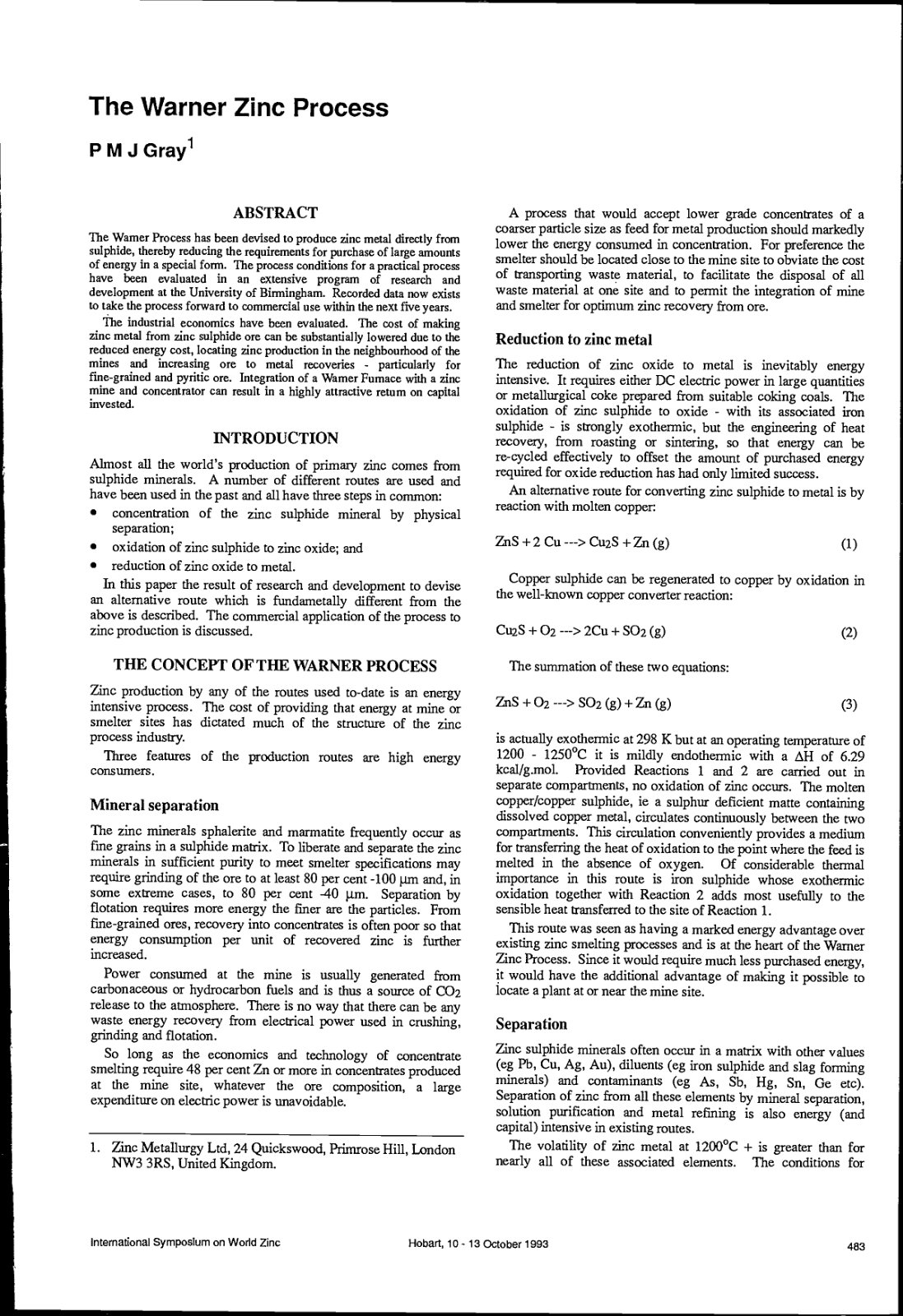 First page of The Warner Zinc Process