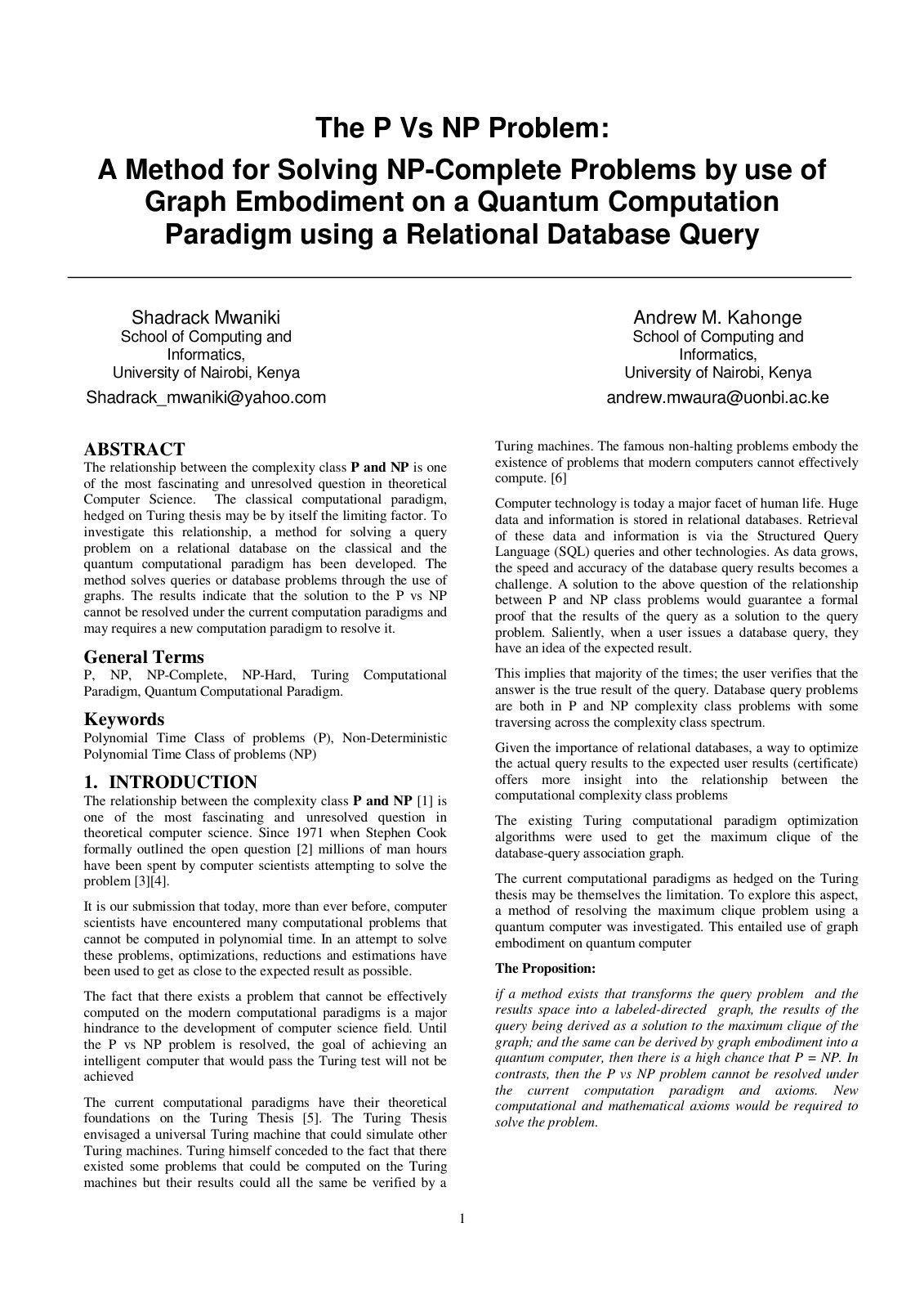 First page of The P Vs NP Problem: A Method for Solving NP-Complete Problems by use of Graph Embodiment on a Quantum Computation Paradigm using a Relational Database Query