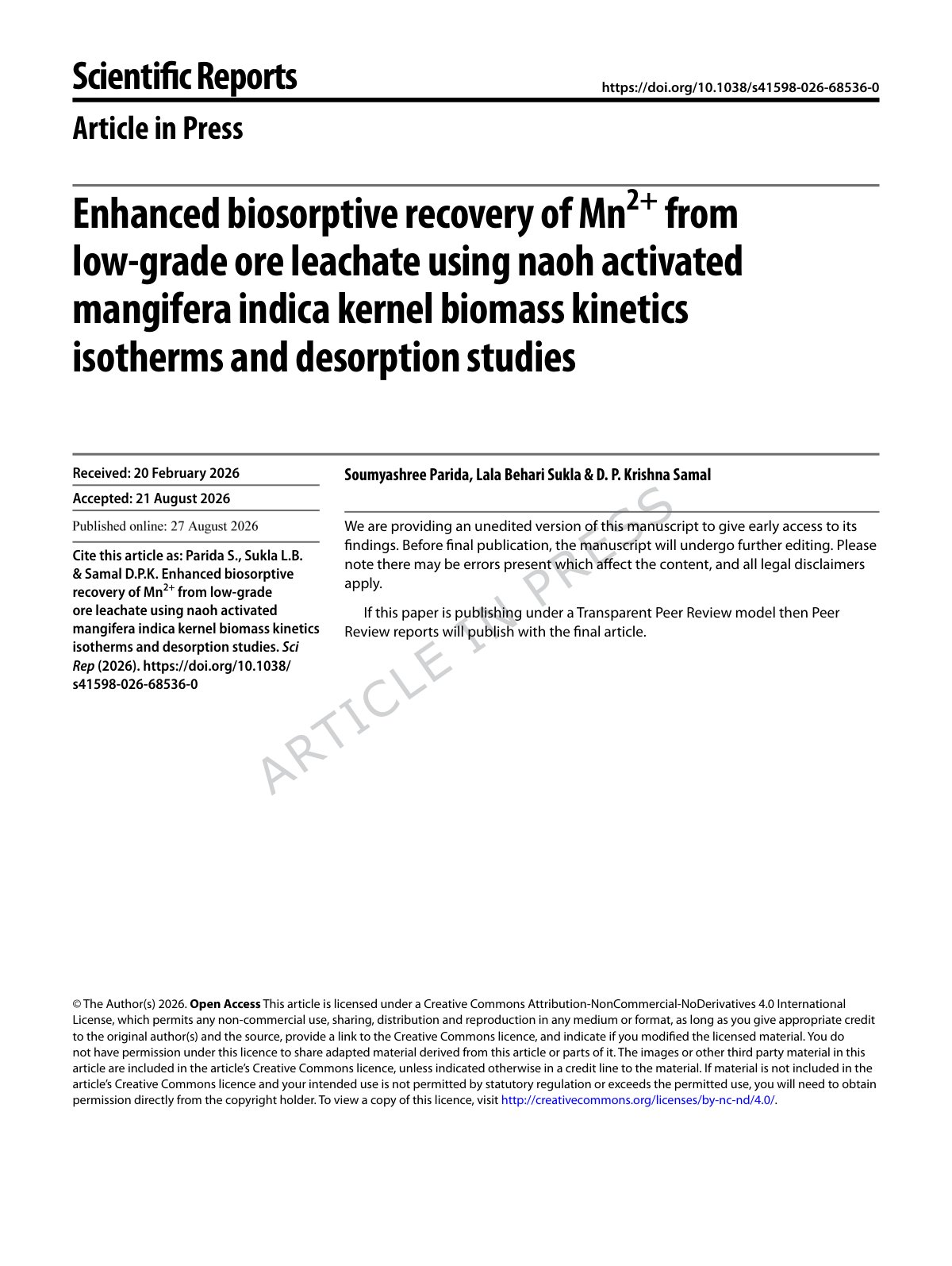 First page of Enhanced biosorptive recovery of Mn2+ from low-grade ore leachate using naoh activated mangifera indica kernel biomass kinetics isotherms and desorption studies