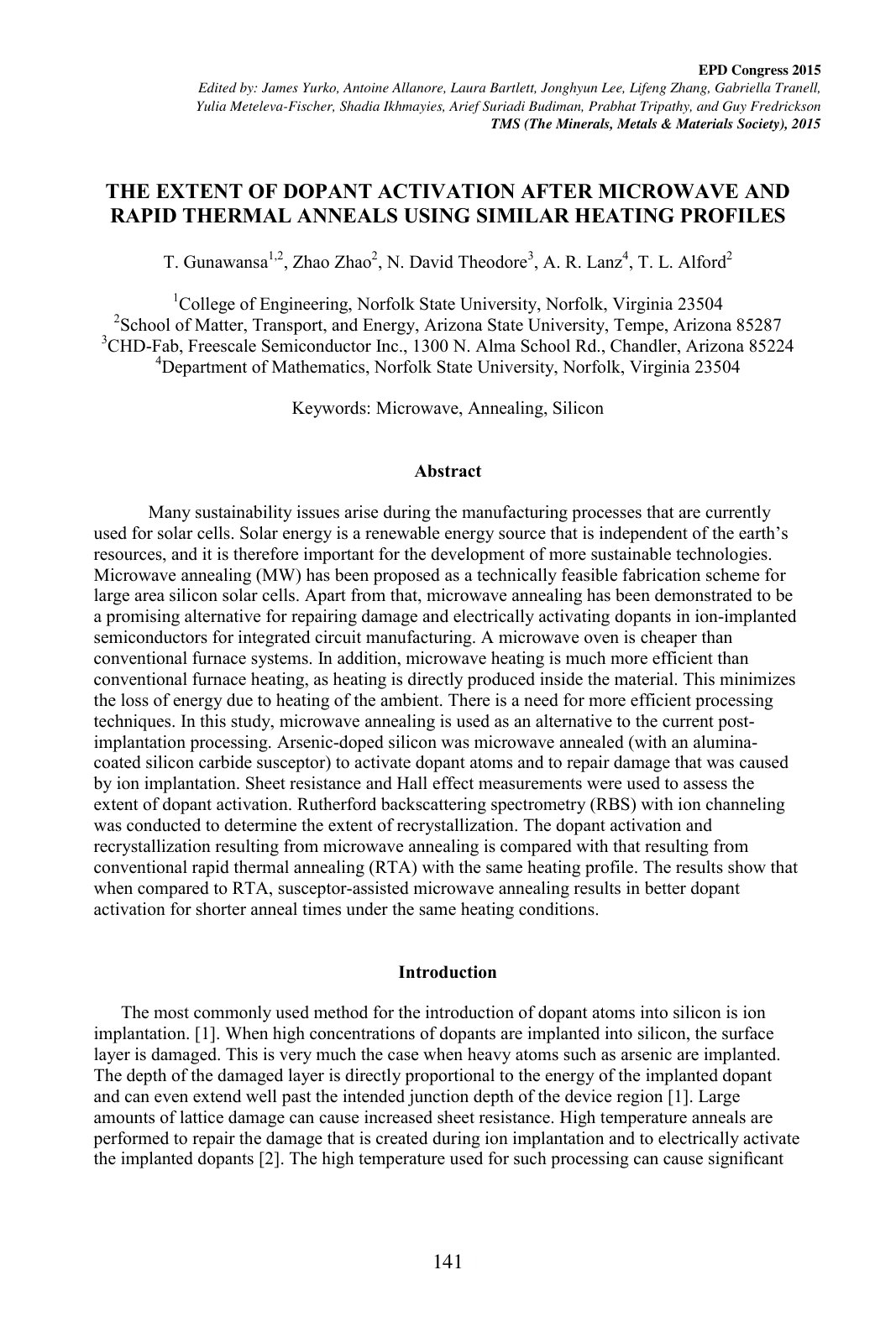 First page of THE EXTENT OF DOPANT ACTIVATION AFTER MICROWAVE AND RAPID THERMAL ANNEALS USING SIMILAR HEATING PROFILES