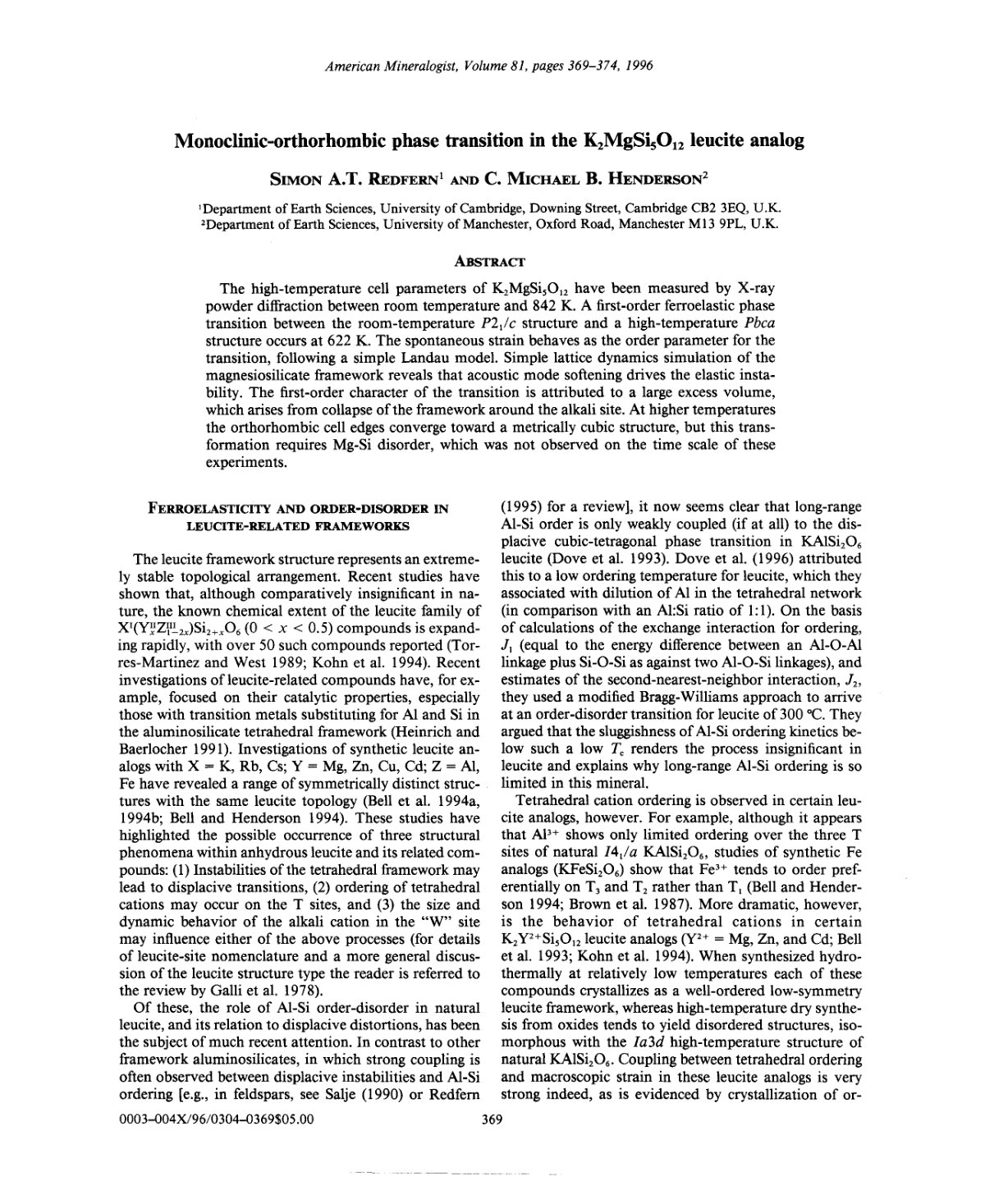 First page of Monoclinic-orthorhombic phase transition in the K2MgSis012 leucite analog